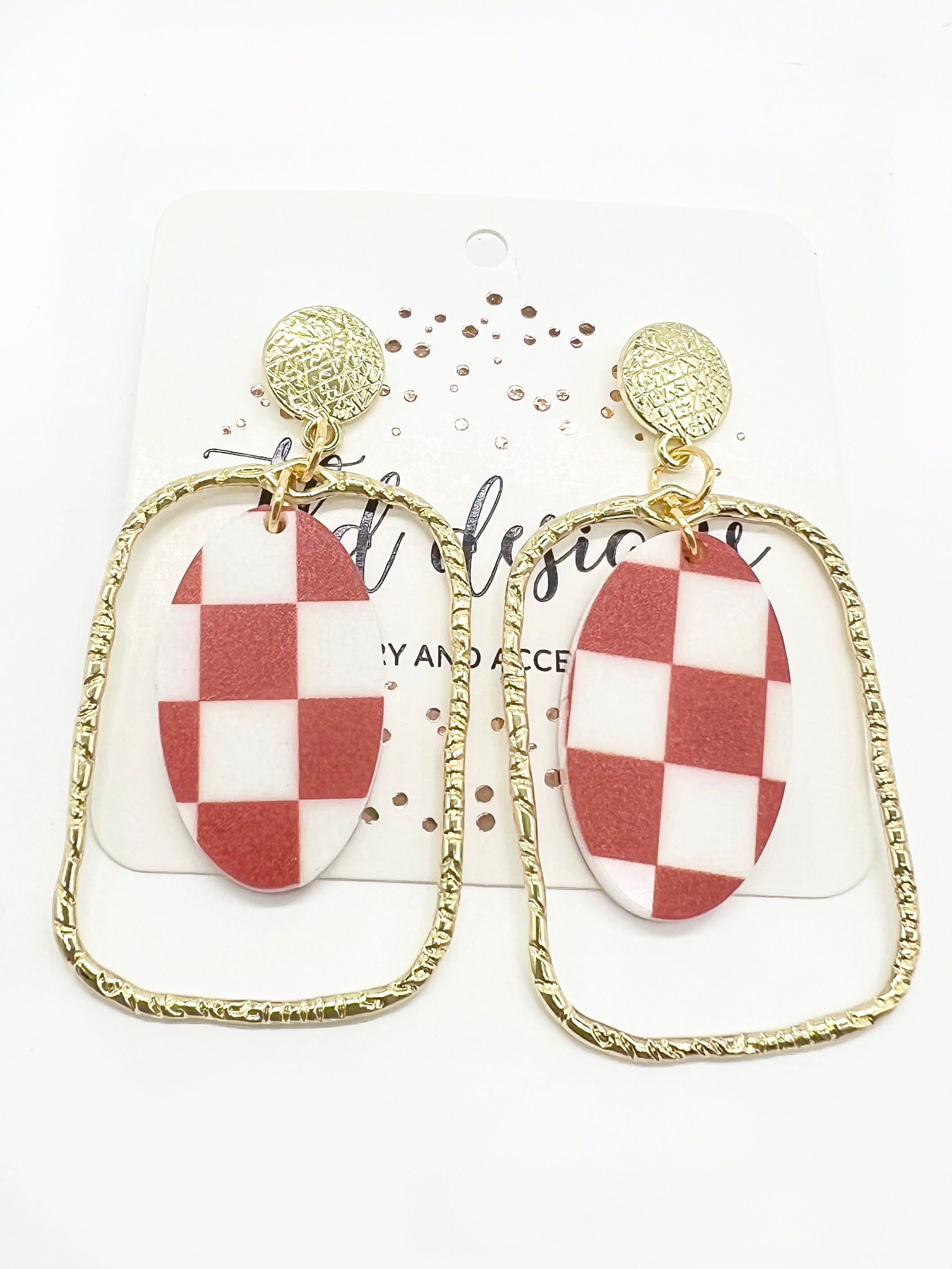 Game Day Gold Framed Checkered Earrings-310 Jewelry-TLD DESIGNS-Heathered Boho Boutique, Women's Fashion and Accessories in Palmetto, FL