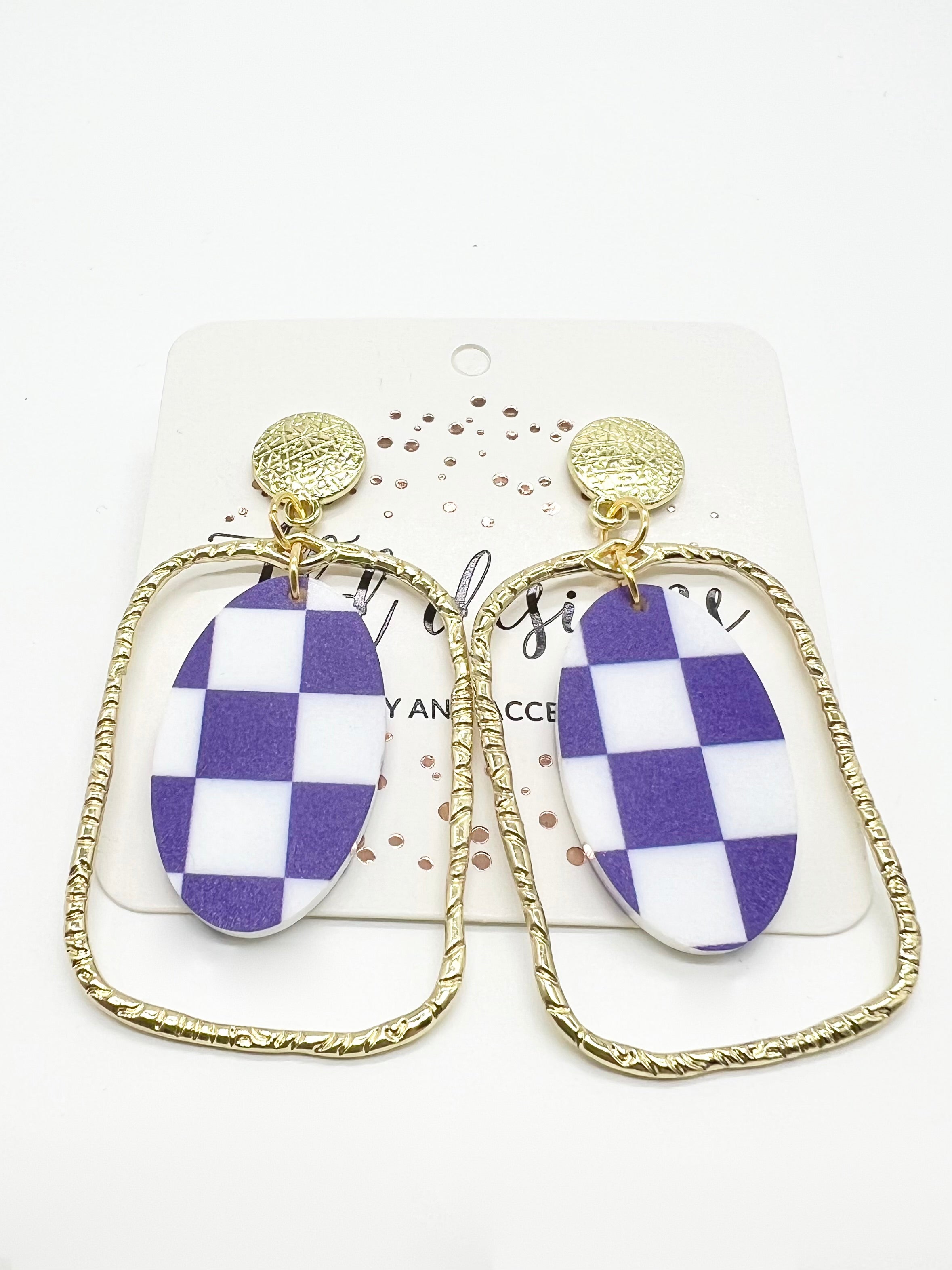 Game Day Gold Framed Checkered Earrings-310 Jewelry-TLD DESIGNS-Heathered Boho Boutique, Women's Fashion and Accessories in Palmetto, FL