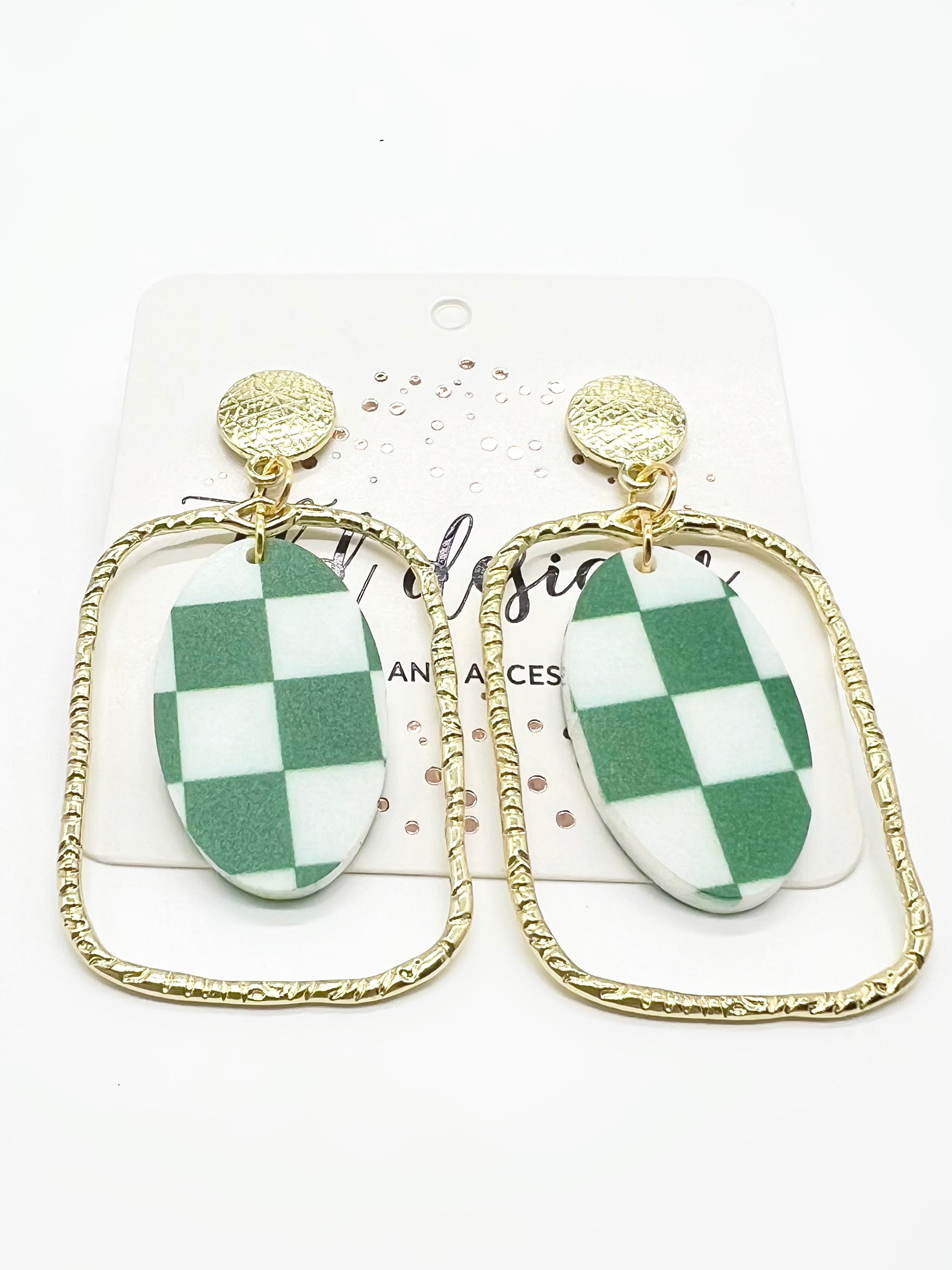 Game Day Gold Framed Checkered Earrings-310 Jewelry-TLD DESIGNS-Heathered Boho Boutique, Women's Fashion and Accessories in Palmetto, FL