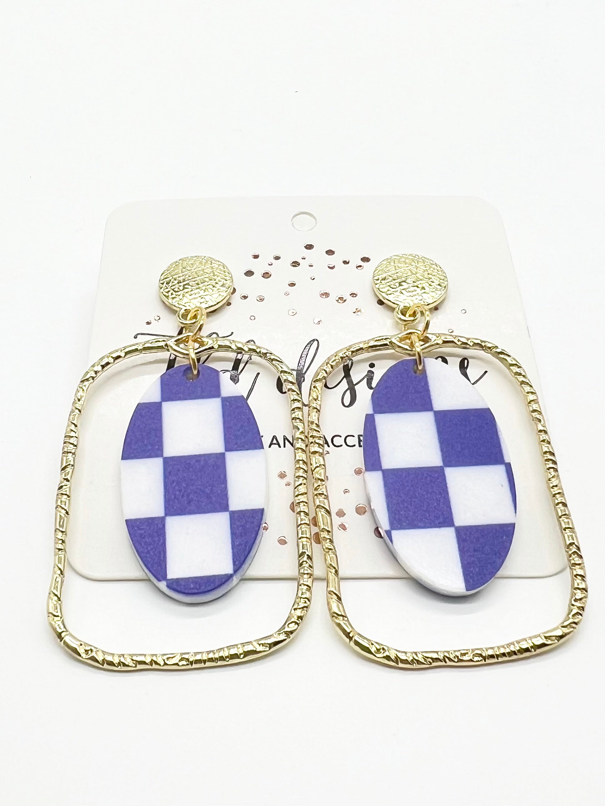 Game Day Gold Framed Checkered Earrings-310 Jewelry-TLD DESIGNS-Heathered Boho Boutique, Women's Fashion and Accessories in Palmetto, FL