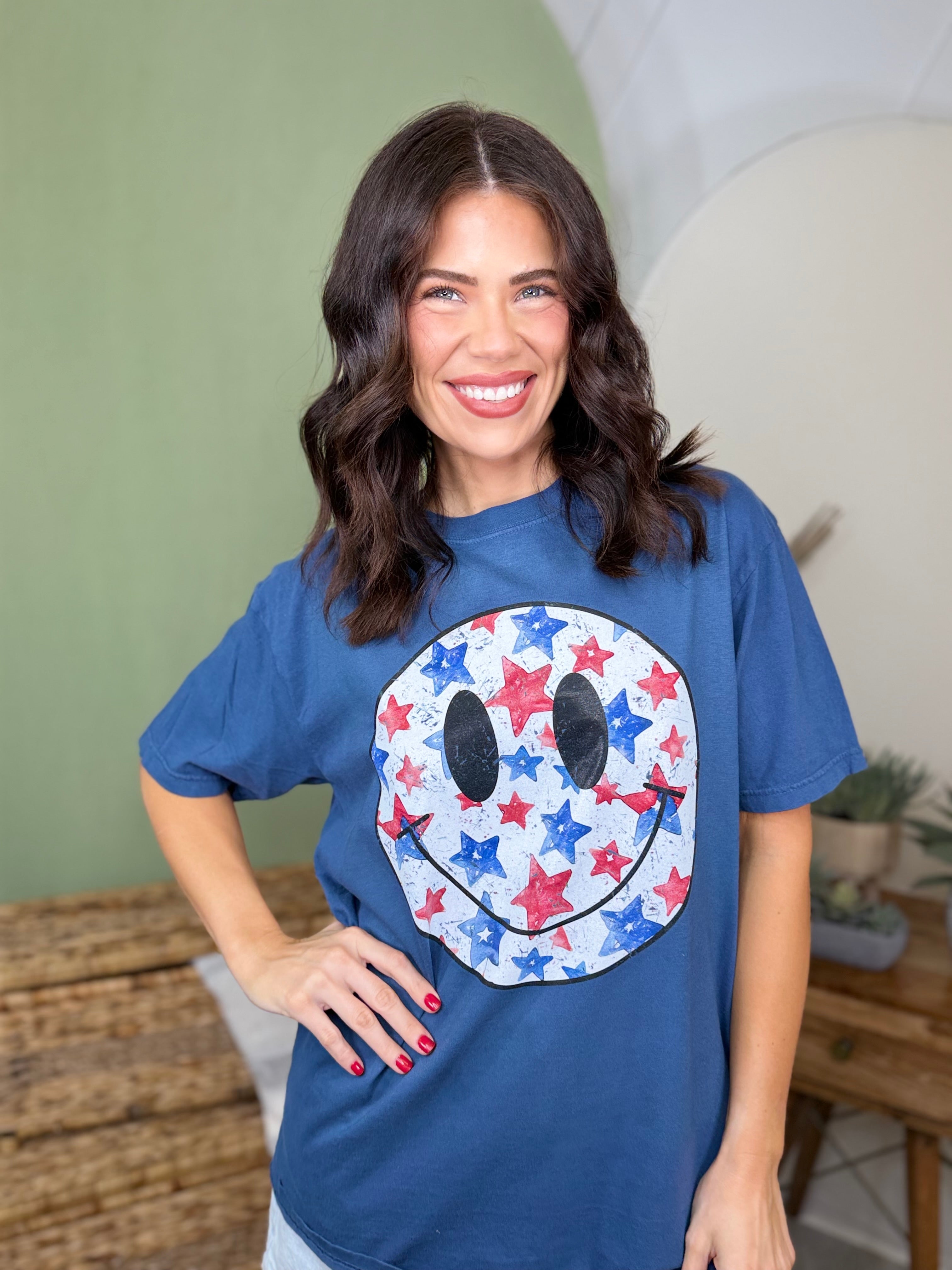 Retro 4th of July Smiley Graphic Tee-130 Graphic Tees-Heathered Boho-Heathered Boho Boutique, Women's Fashion and Accessories in Palmetto, FL