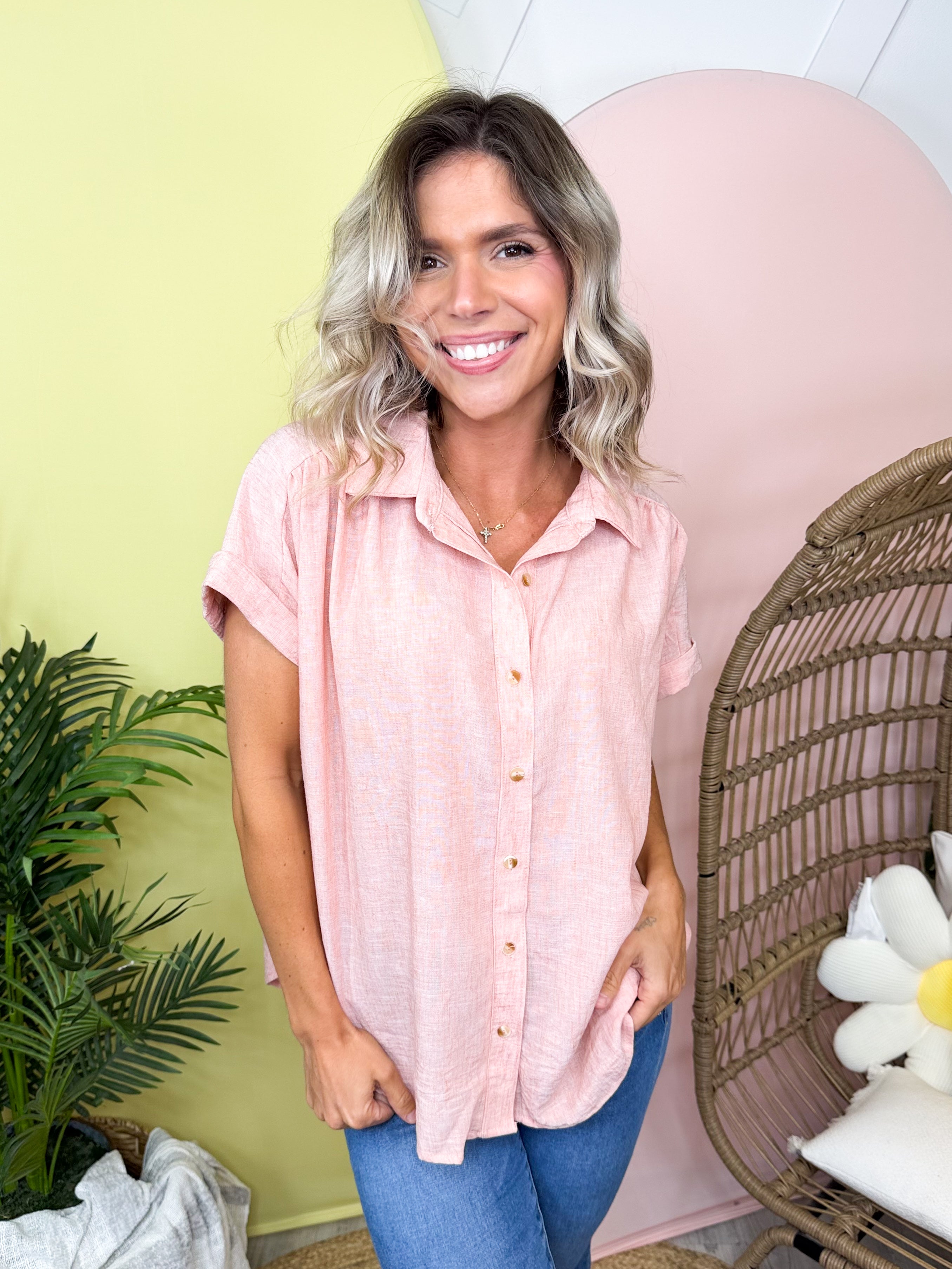 Sunwashed Stripe Button Top-110 SHORT SLEEVE TOP-SEW IN LOVE-Heathered Boho Boutique, Women's Fashion and Accessories in Palmetto, FL
