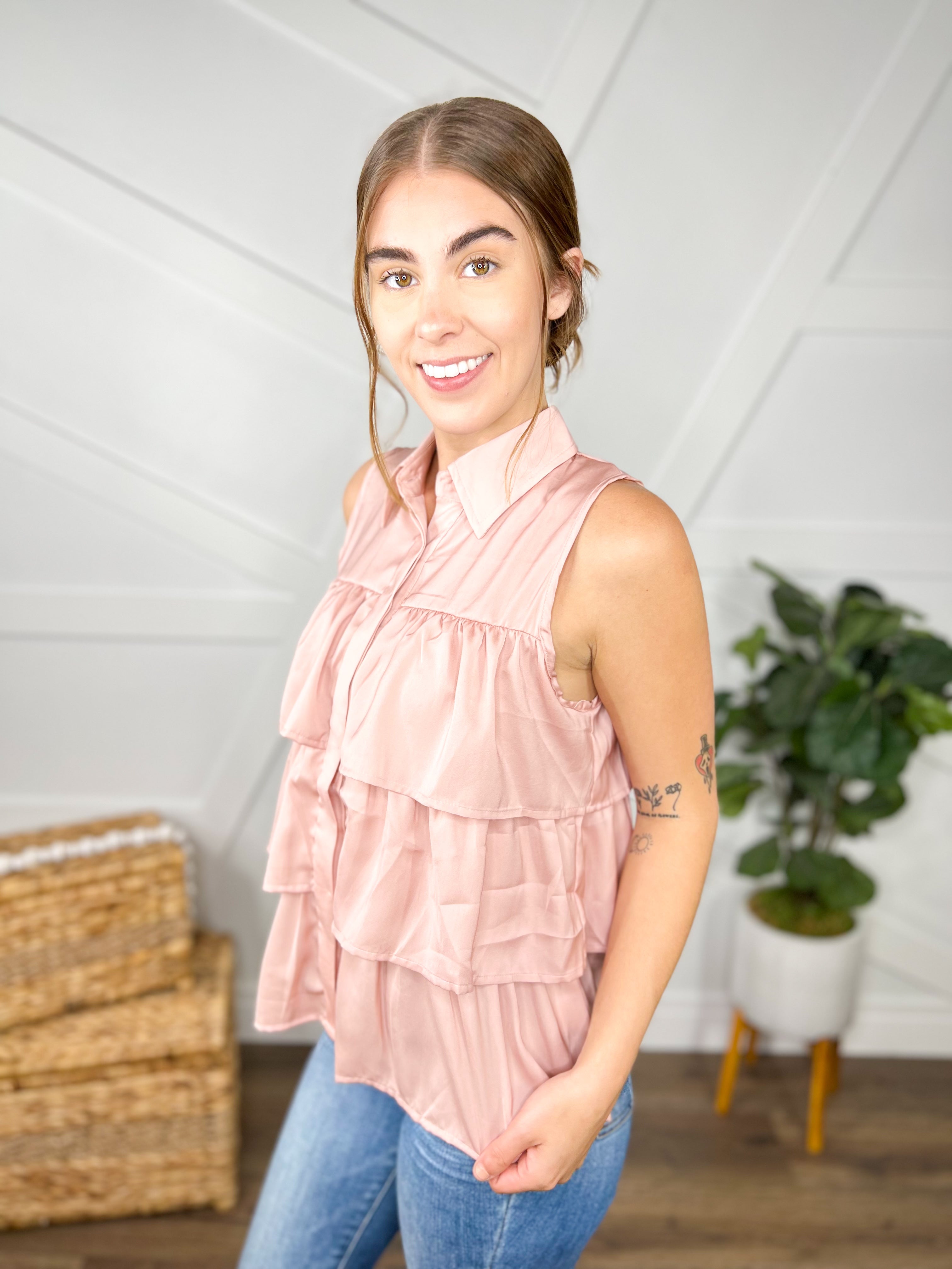 Andrea Ruffle Top-110 Short Sleeve Top-Southern Grace-Heathered Boho Boutique, Women's Fashion and Accessories in Palmetto, FL