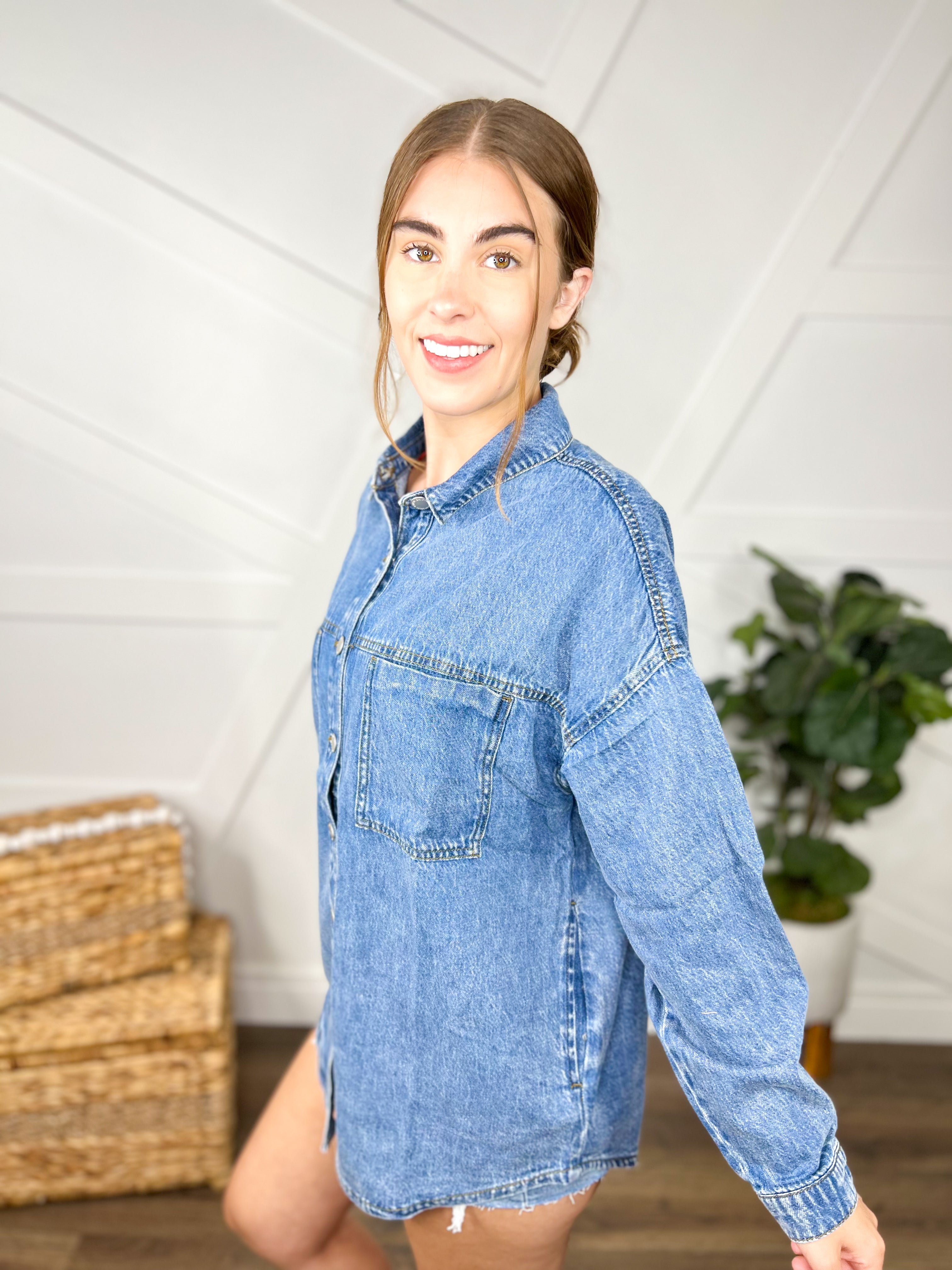One Thing Denim Shacket-200 Jackets/Shackets-Risen Jeans-Heathered Boho Boutique, Women's Fashion and Accessories in Palmetto, FL