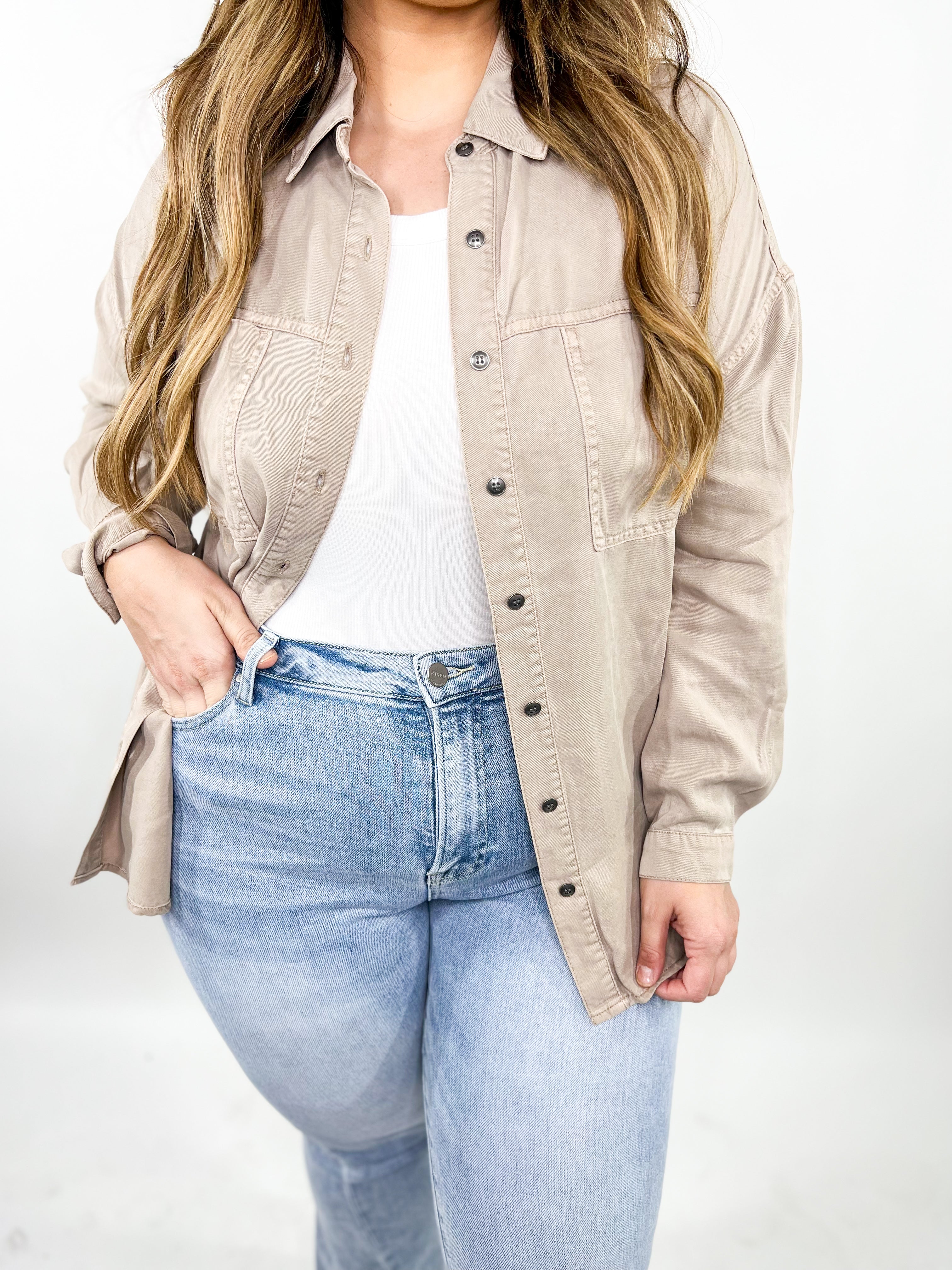 Not Your Boyfriend's Button Down Top-120 Long Sleeve Tops-Risen Jeans-Heathered Boho Boutique, Women's Fashion and Accessories in Palmetto, FL