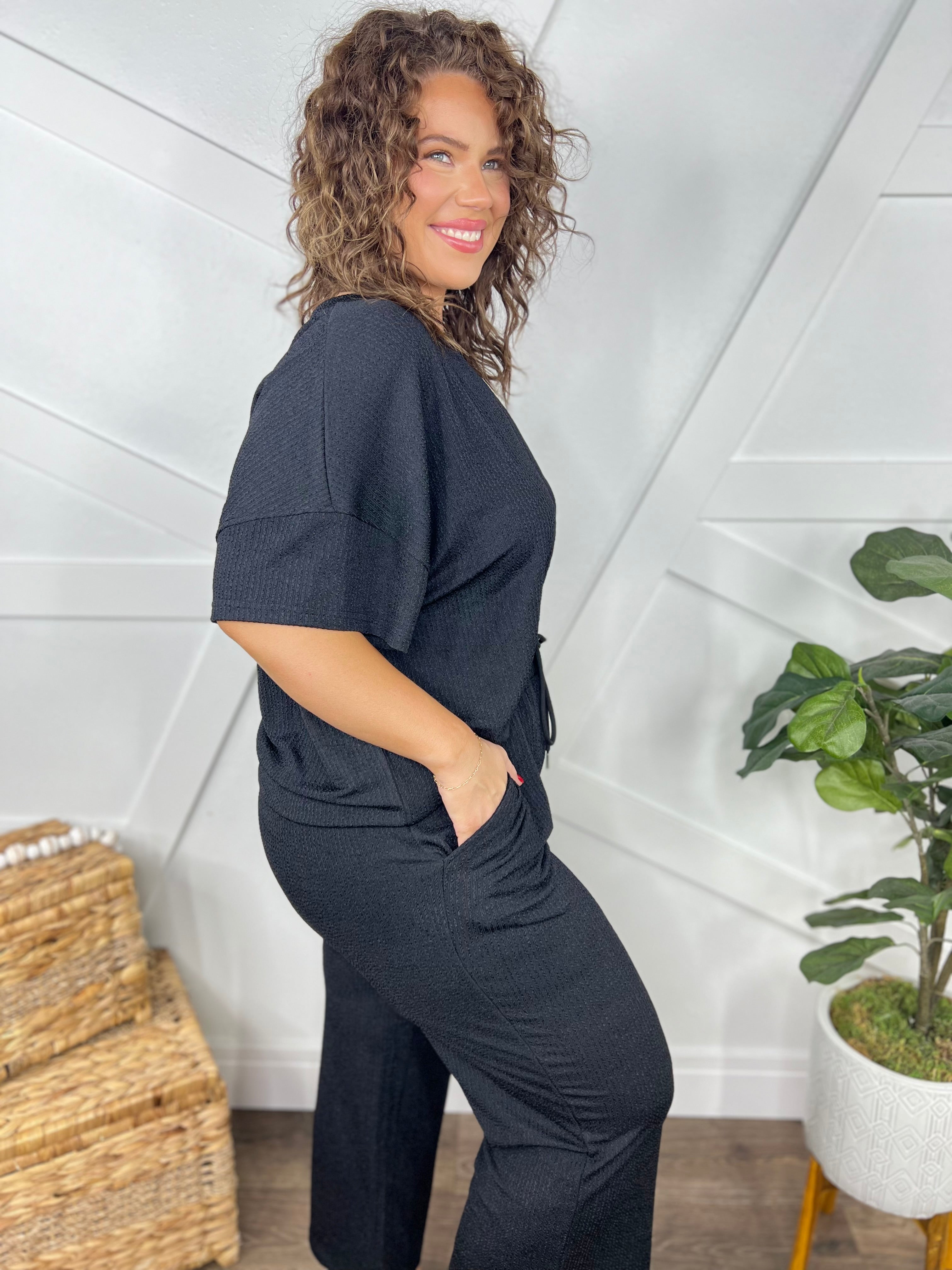 Double Take Full Size Texture Round Neck Short Sleeve T-Shirt and Wide Leg Pants-Sets-Trendsi-Heathered Boho Boutique, Women's Fashion and Accessories in Palmetto, FL