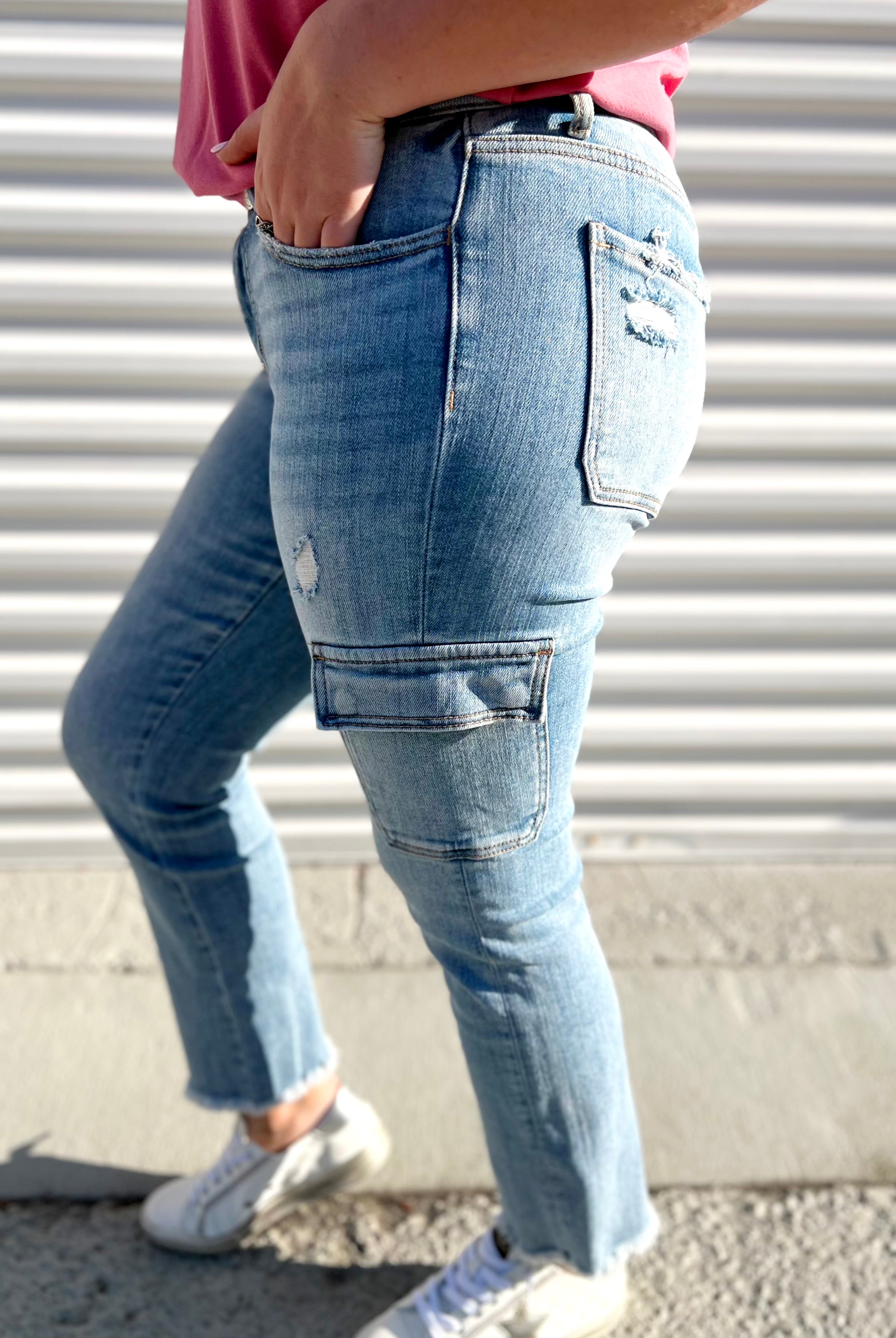 Mightily Made Cargo Jeans by Lovervet-190 Jeans-Vervet-Heathered Boho Boutique, Women's Fashion and Accessories in Palmetto, FL