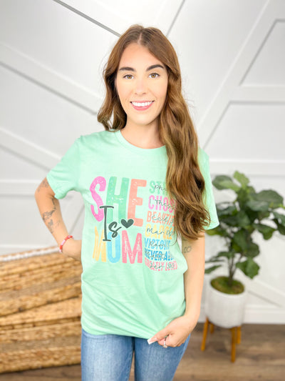 She Is Mom Graphic Tee-130 Graphic Tees-Heathered Boho-Heathered Boho Boutique, Women's Fashion and Accessories in Palmetto, FL
