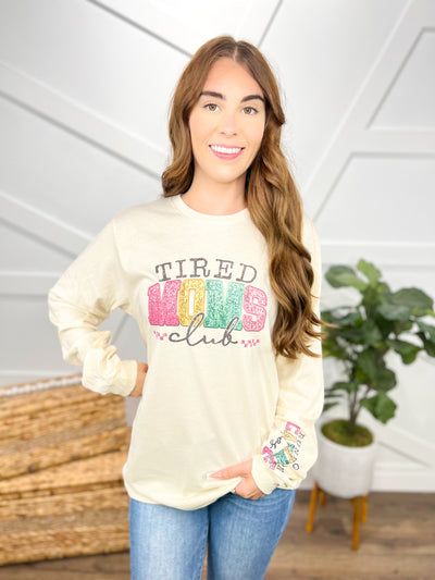 Tired Moms Club Long Sleeve Graphic Tee-130 Graphic Tees-Heathered Boho-Heathered Boho Boutique, Women's Fashion and Accessories in Palmetto, FL