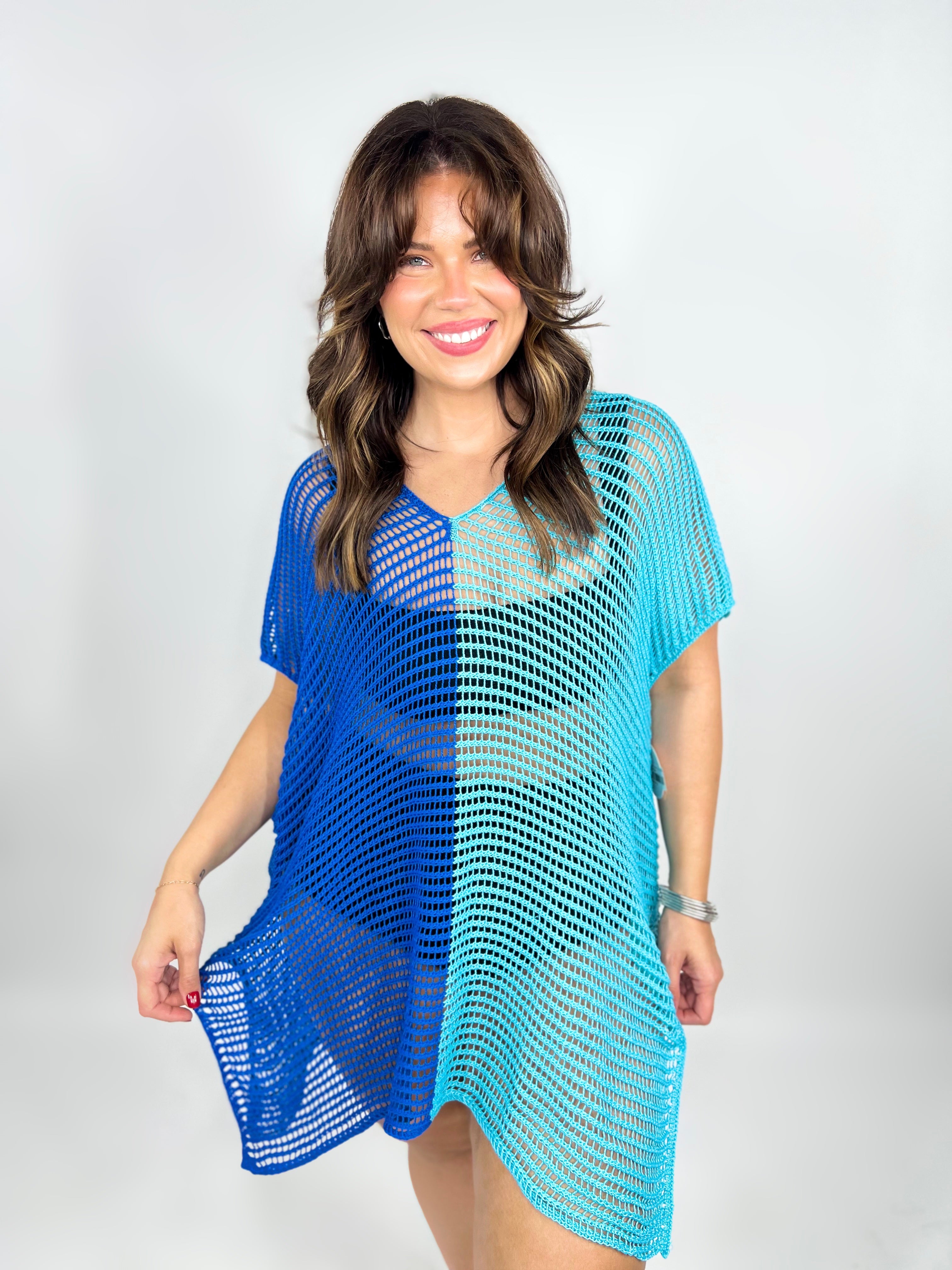 Openwork Contrast Slit Knit Cover Up-Trendsi-Heathered Boho Boutique, Women's Fashion and Accessories in Palmetto, FL