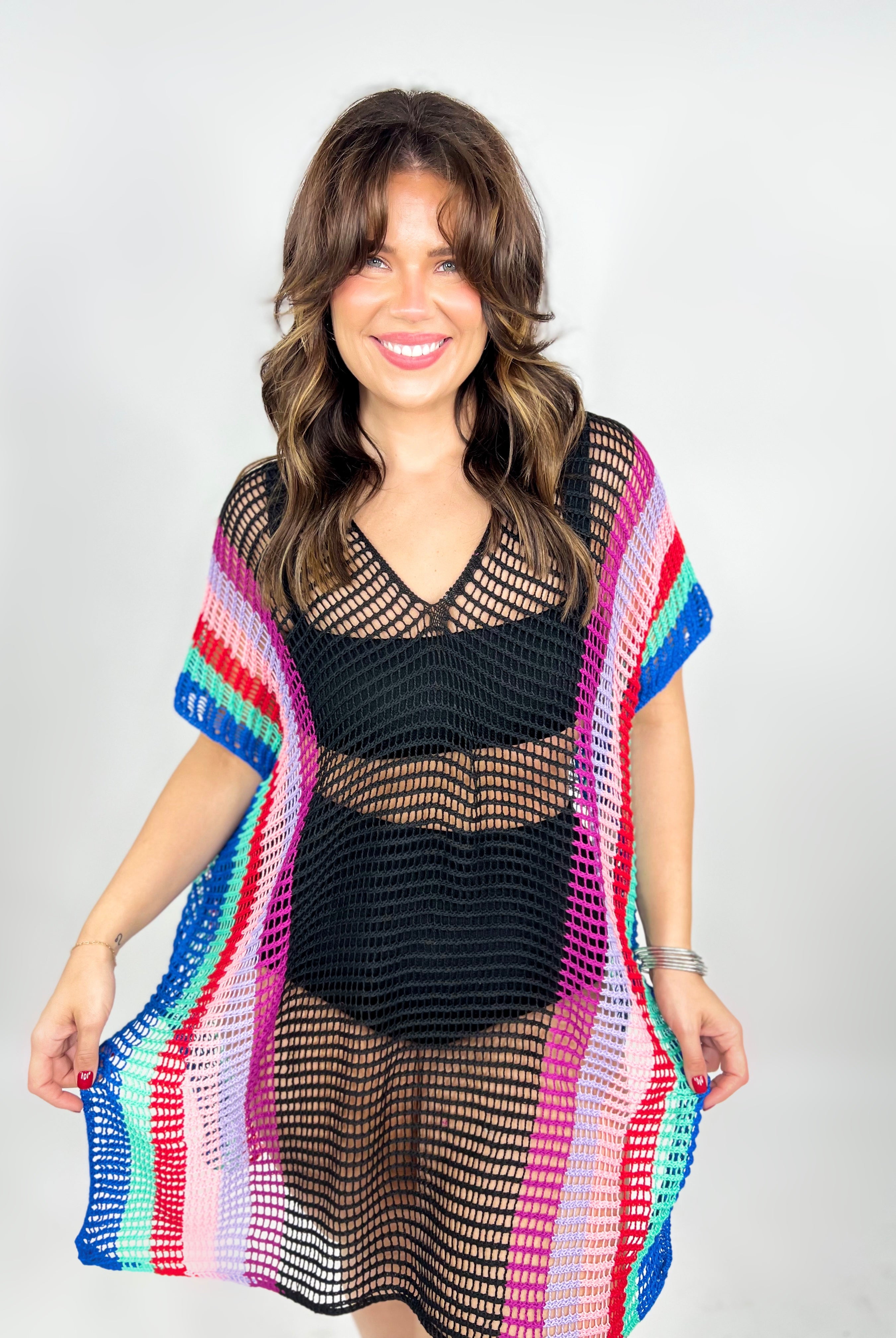 Openwork Striped Slit Knit Cover Up-Trendsi-Heathered Boho Boutique, Women's Fashion and Accessories in Palmetto, FL