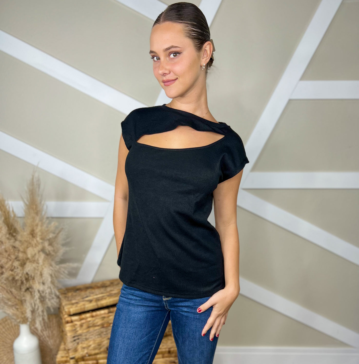 Ribbed Round Neck Cutout Top