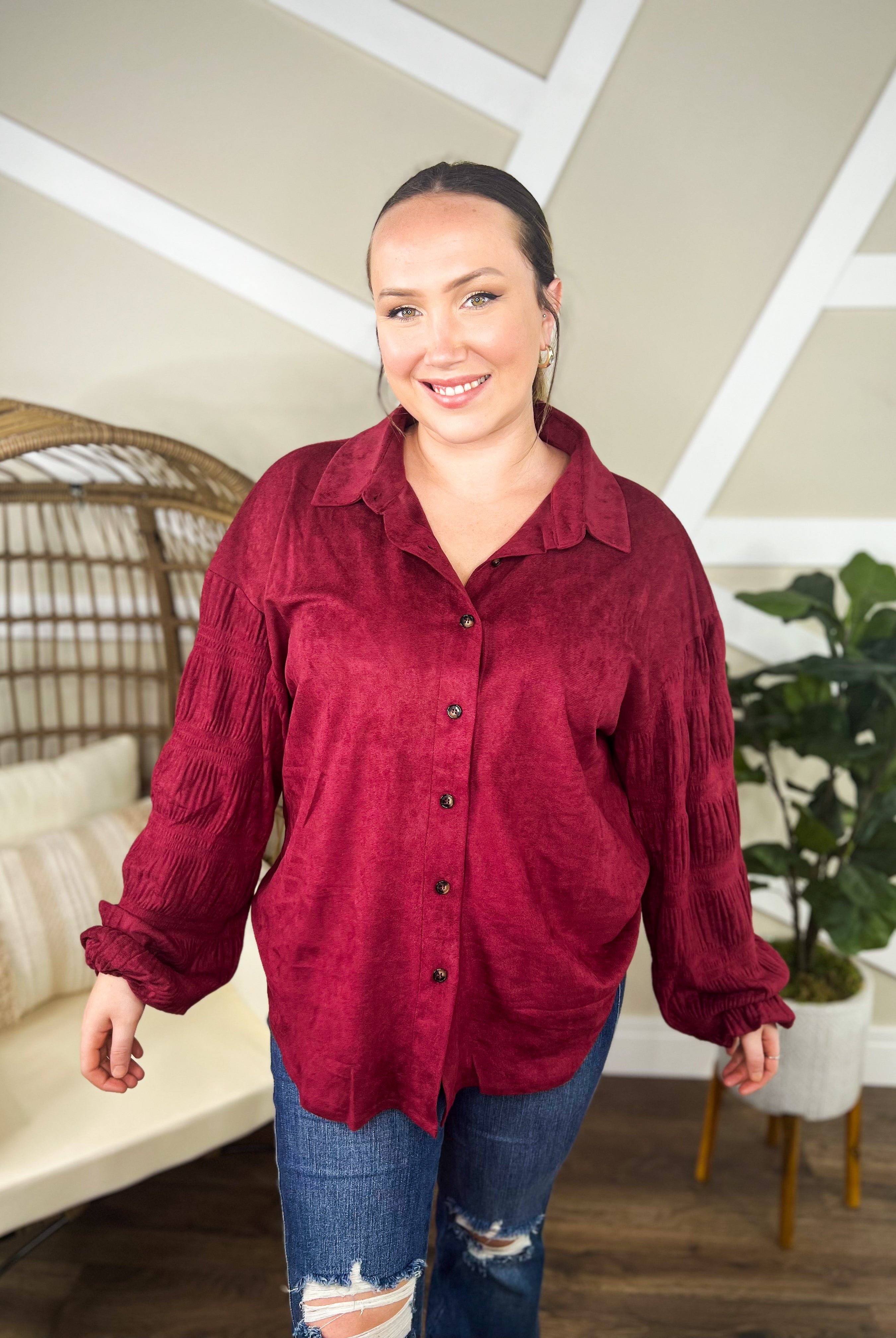 Juliette Button Down Top-120 Long Sleeve Tops-White Birch-Heathered Boho Boutique, Women's Fashion and Accessories in Palmetto, FL