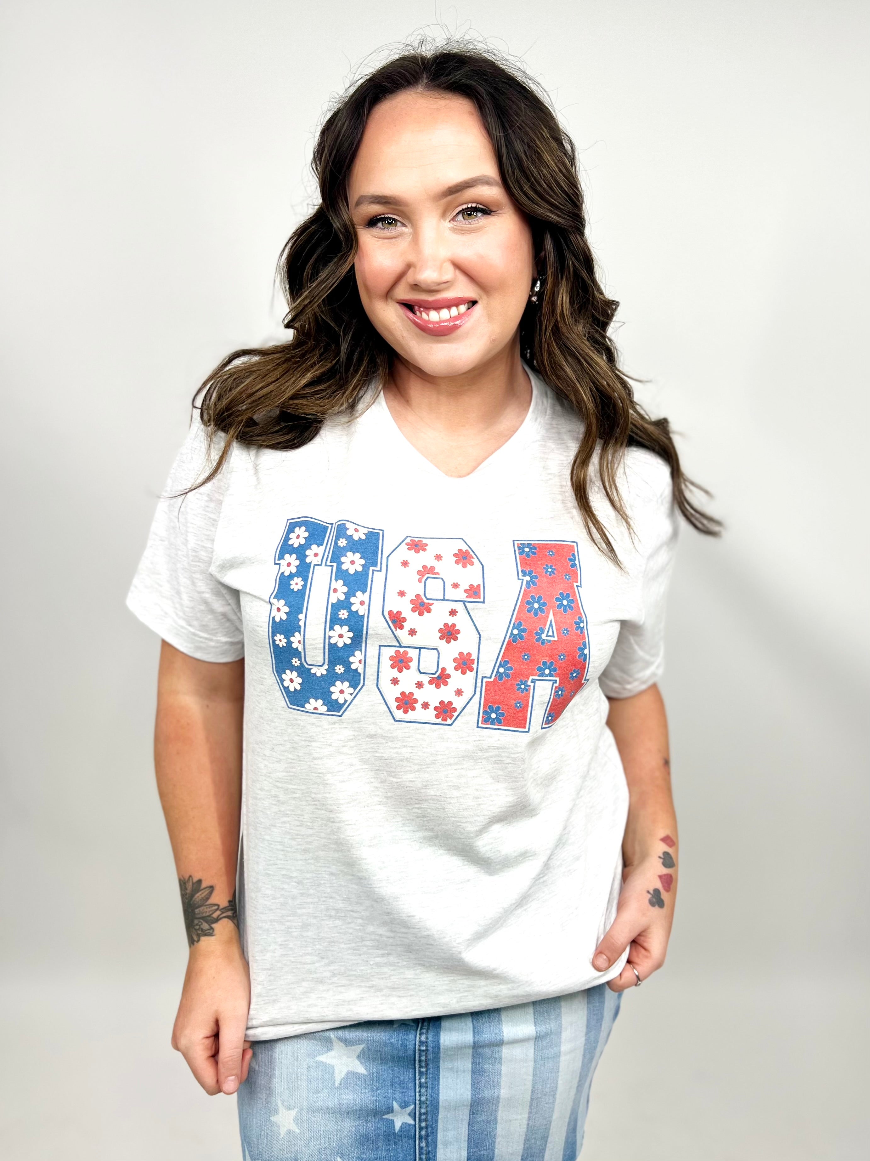 Flowers in the USA Graphic Tee-130 Graphic Tees-Heathered Boho-Heathered Boho Boutique, Women's Fashion and Accessories in Palmetto, FL