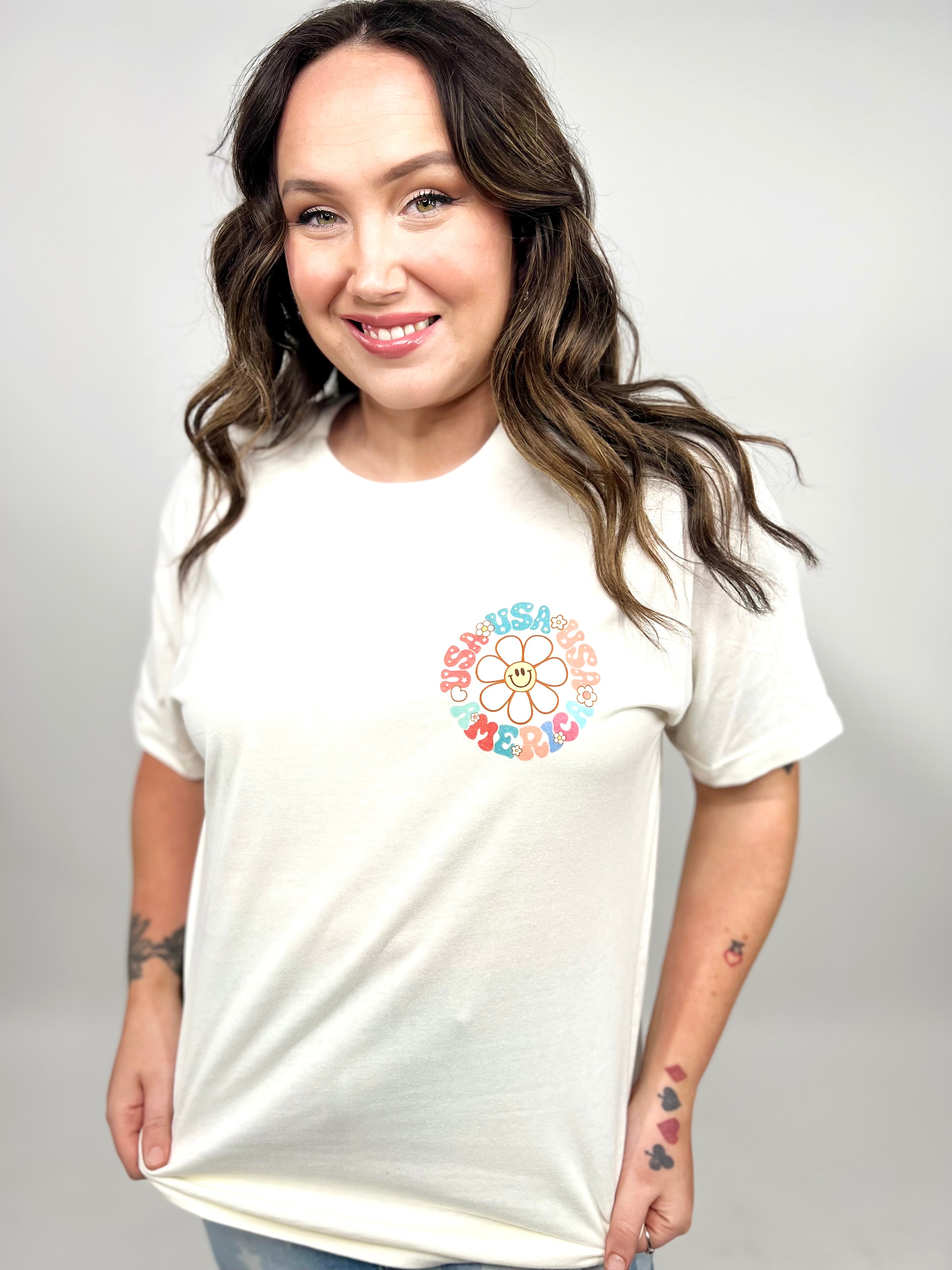 USA Retro Rainbow Graphic Tee-130 Graphic Tees-Heathered Boho-Heathered Boho Boutique, Women's Fashion and Accessories in Palmetto, FL