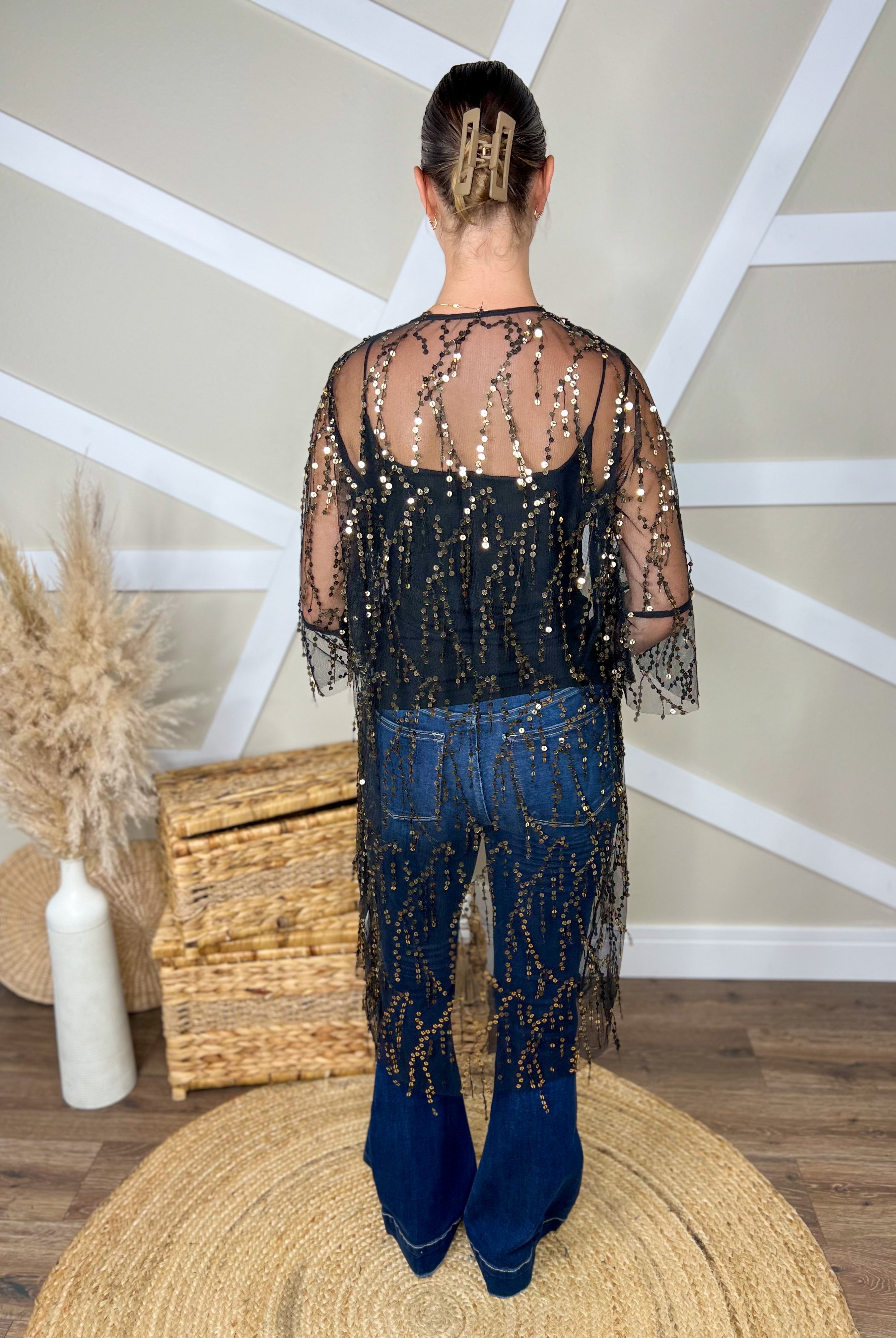 Sequin Open Front Sheer Cardigan-Cardigans + Kimonos-Trendsi-Heathered Boho Boutique, Women's Fashion and Accessories in Palmetto, FL
