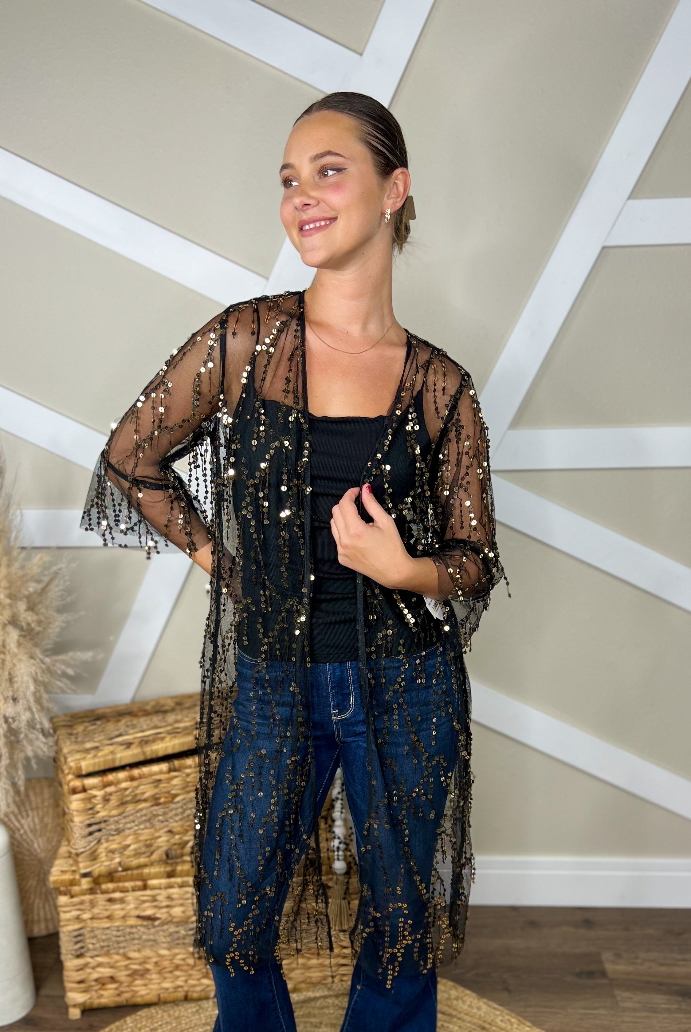 Sequin Open Front Sheer Cardigan-Cardigans + Kimonos-Trendsi-Heathered Boho Boutique, Women's Fashion and Accessories in Palmetto, FL