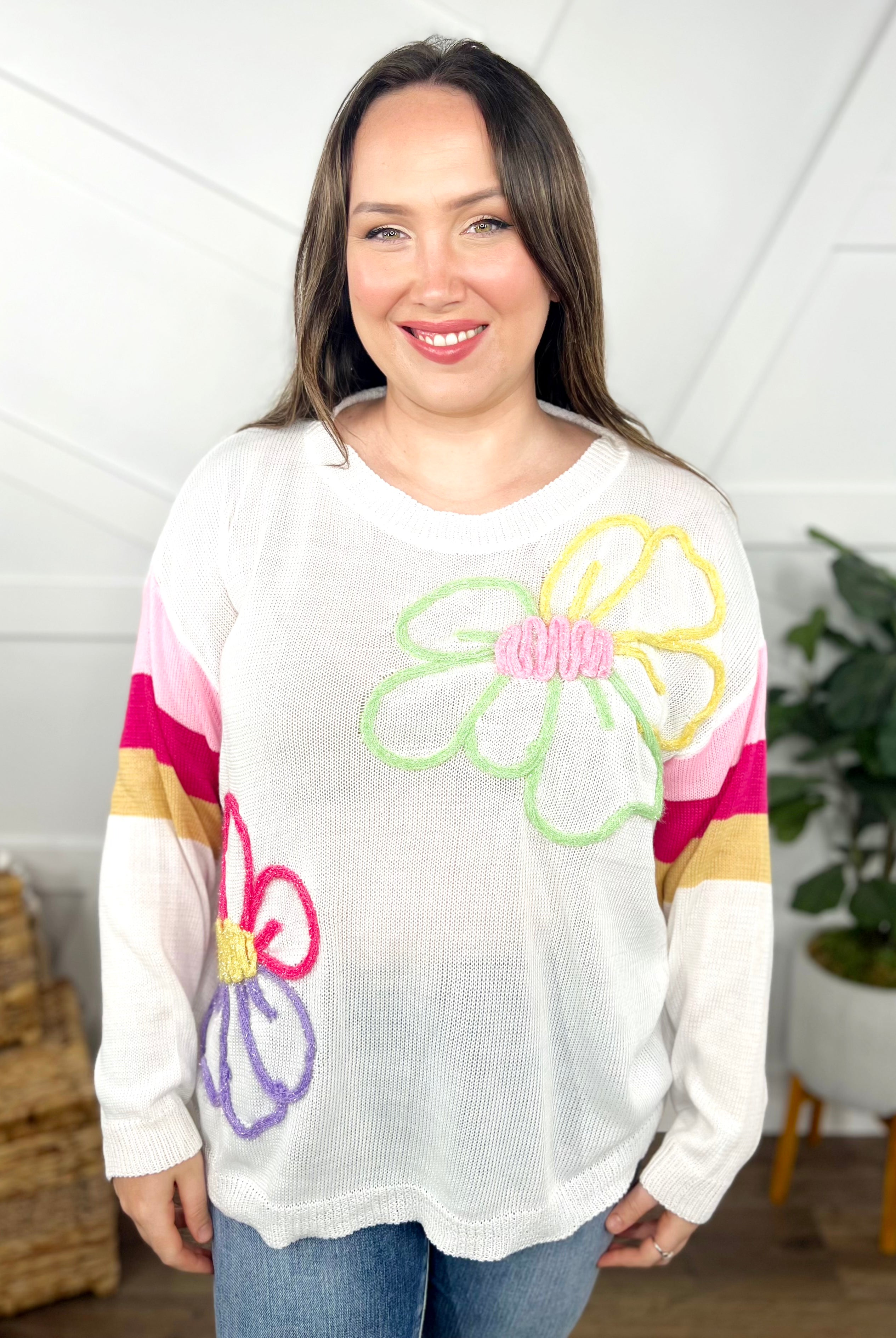 Blossoming Stripes Sweater-125 Sweater-Bibi-Heathered Boho Boutique, Women's Fashion and Accessories in Palmetto, FL
