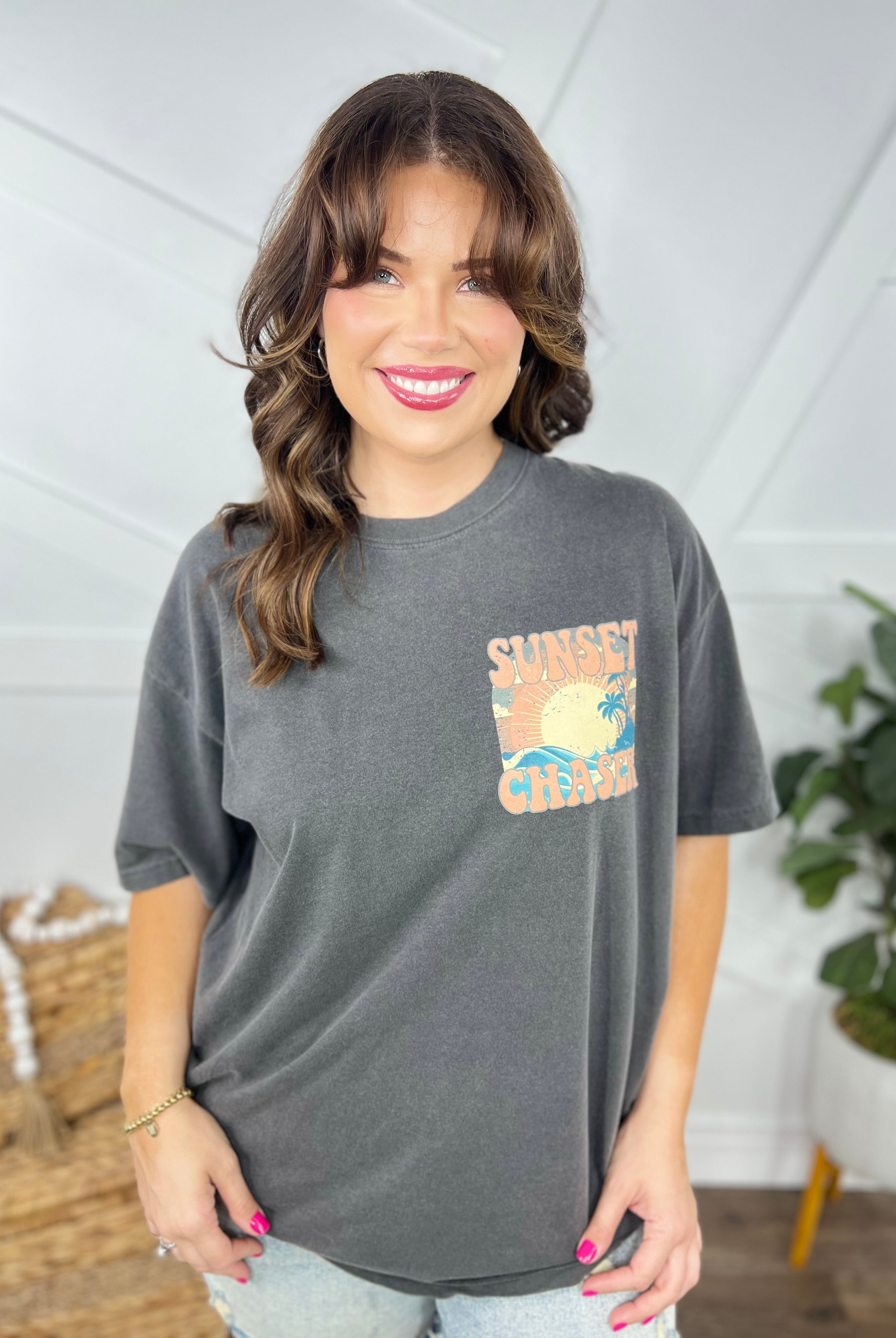 Busy Chasing Sunsets Graphic Tee-130 Graphic Tees-Heathered Boho-Heathered Boho Boutique, Women's Fashion and Accessories in Palmetto, FL