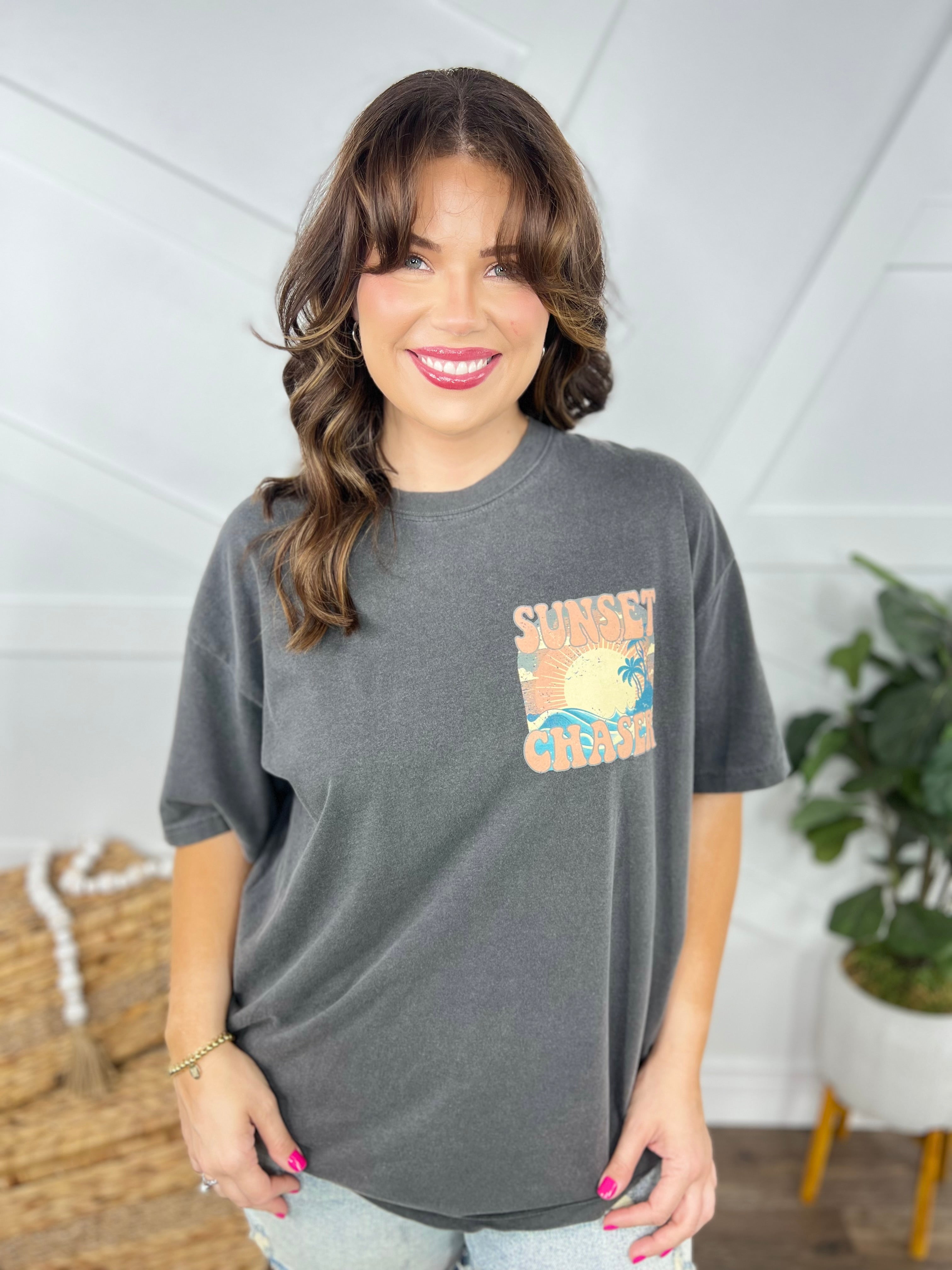 Busy Chasing Sunsets Graphic Tee-130 Graphic Tees-Heathered Boho-Heathered Boho Boutique, Women's Fashion and Accessories in Palmetto, FL