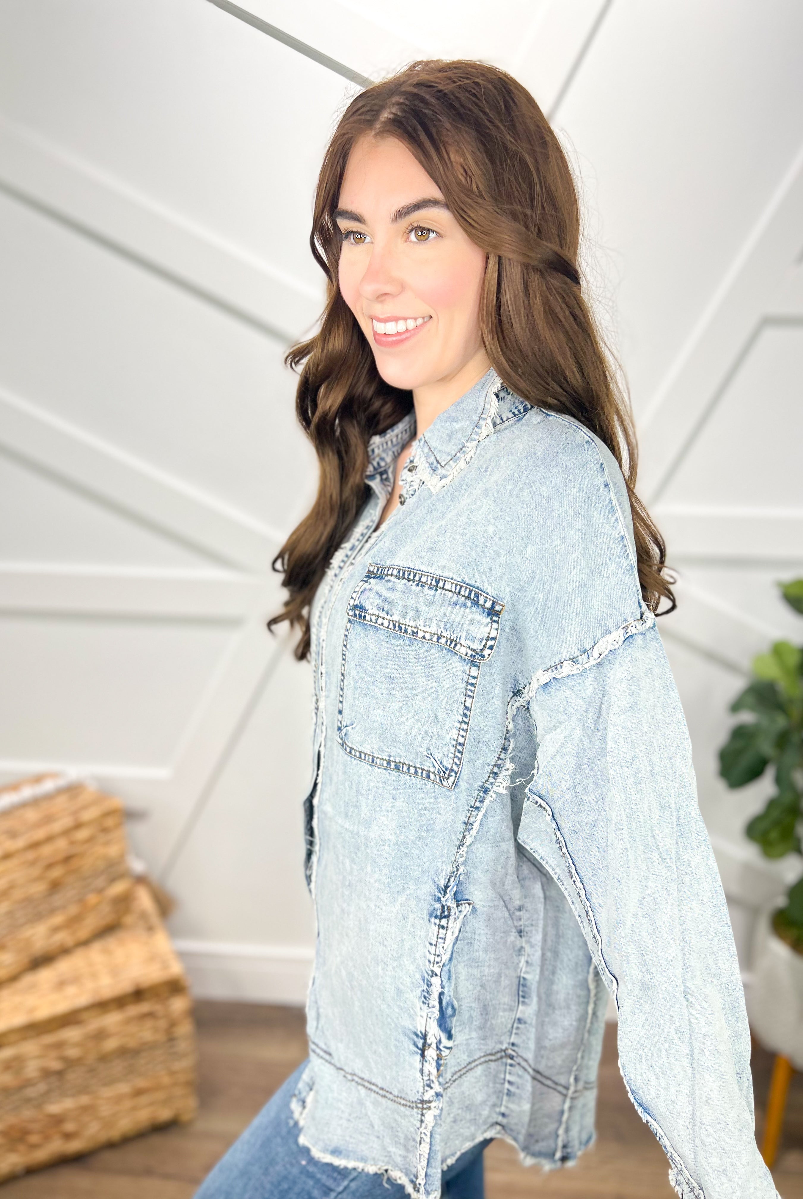 RESTOCK:Cool Factor Denim Top-120 Long Sleeve Tops-BlueVelvet-Heathered Boho Boutique, Women's Fashion and Accessories in Palmetto, FL