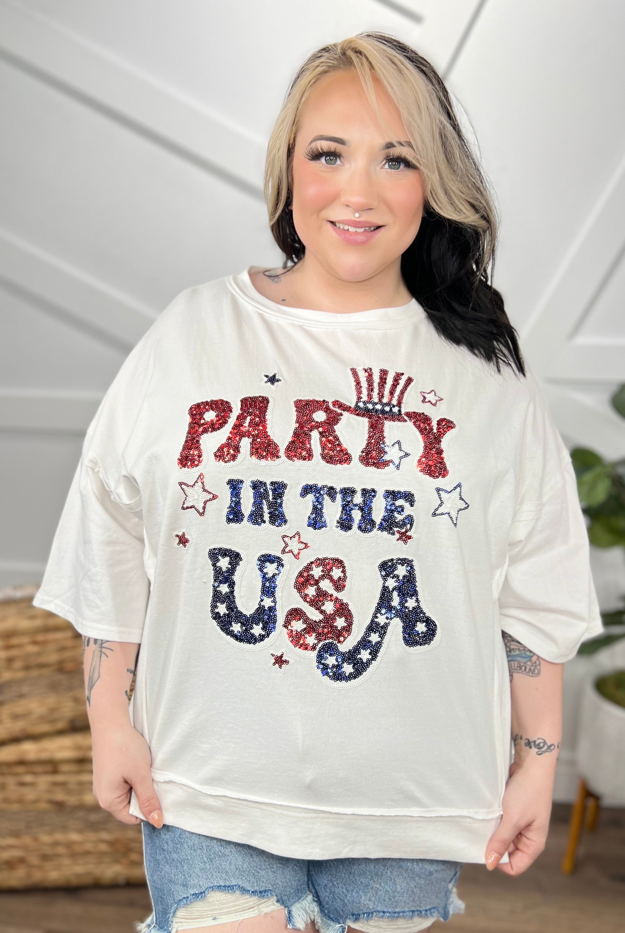 Party in the USA Sequined Top-110 Short Sleeve Top-Peach Love-Heathered Boho Boutique, Women's Fashion and Accessories in Palmetto, FL