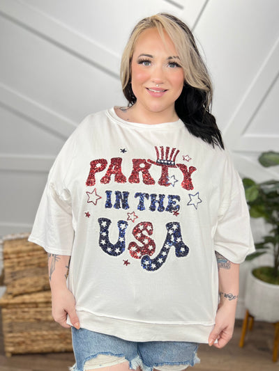 Party in the USA Sequined Top-110 Short Sleeve Top-Peach Love-Heathered Boho Boutique, Women's Fashion and Accessories in Palmetto, FL