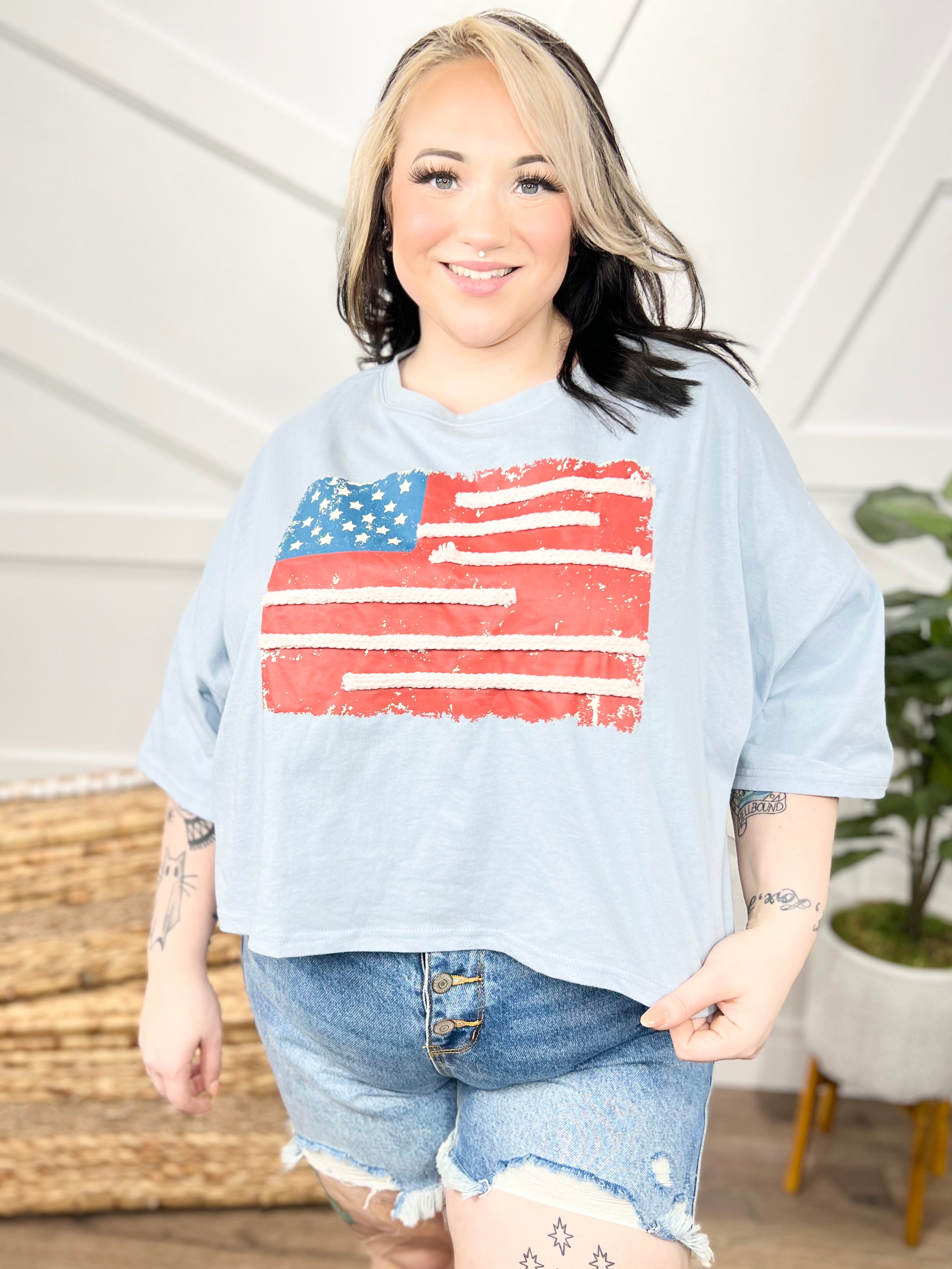 Vintage Flag Crop Top-110 Short Sleeve Top-Peach Love-Heathered Boho Boutique, Women's Fashion and Accessories in Palmetto, FL