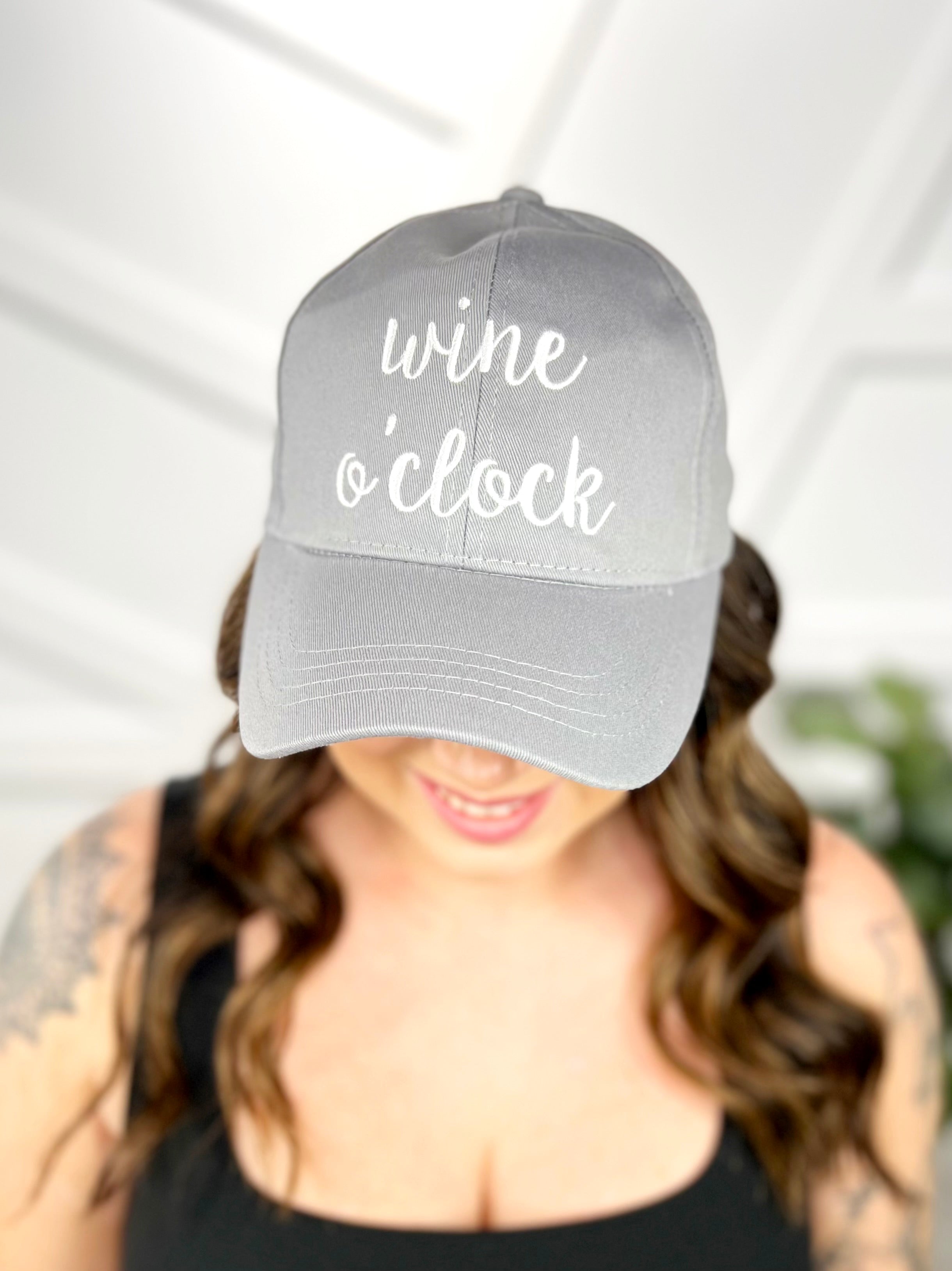 Wine O`Clock Embroidered Baseball Hat-330 Headwear-C.C. BEANIE-Heathered Boho Boutique, Women's Fashion and Accessories in Palmetto, FL