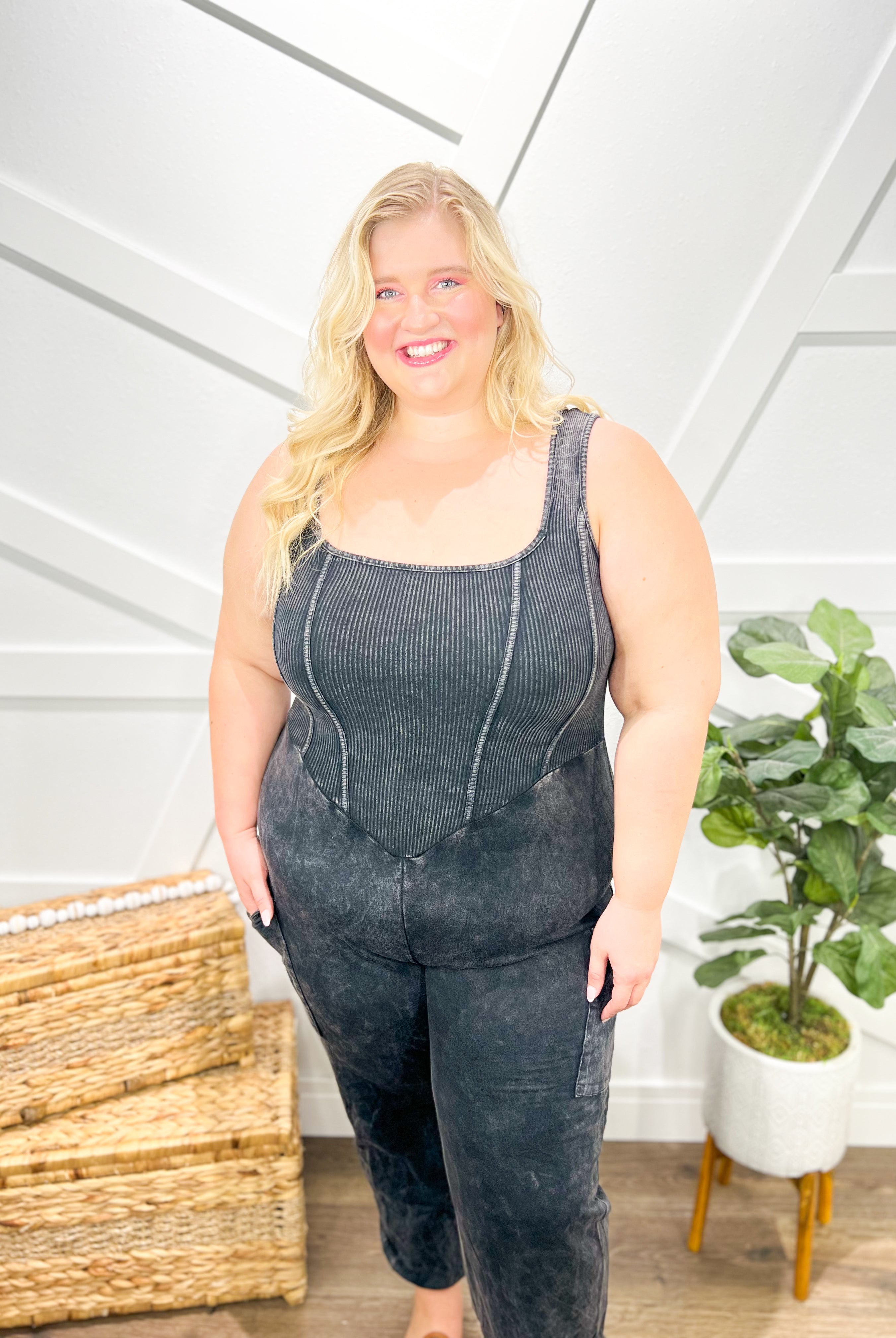 Black Super Waist Snatcher Mineral Wash Jumpsuit-230 Dresses/Jumpsuits/Rompers-J. Her-Heathered Boho Boutique, Women's Fashion and Accessories in Palmetto, FL