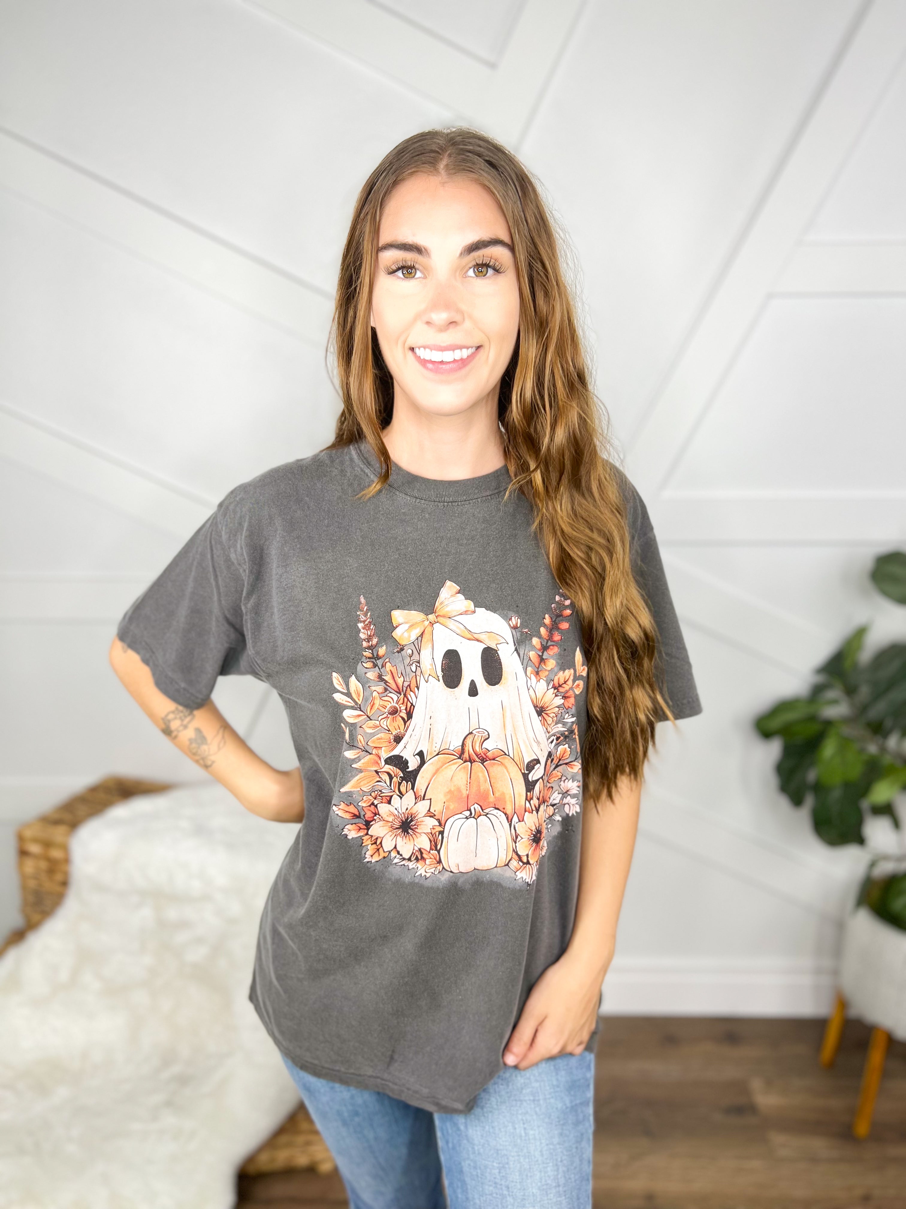 Floral Ghost Graphic Tee-130 Graphic Tees-Heathered Boho-Heathered Boho Boutique, Women's Fashion and Accessories in Palmetto, FL