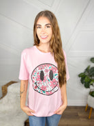 Retro Pink Flower Smiley Graphic Tee-130 Graphic Tees-Heathered Boho-Heathered Boho Boutique, Women's Fashion and Accessories in Palmetto, FL