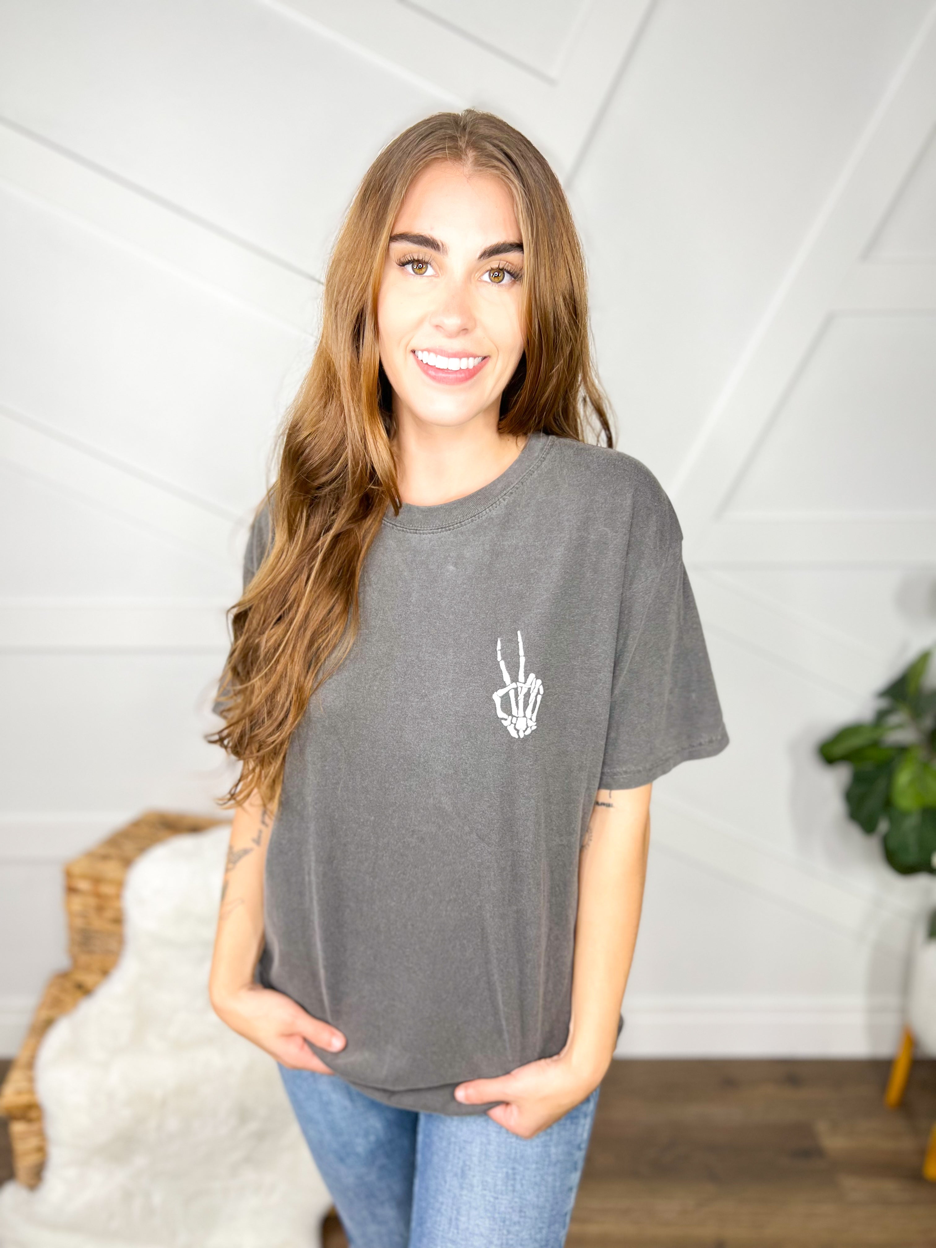 Skeleton Peace Graphic Tee-130 Graphic Tees-dash forward-Heathered Boho Boutique, Women's Fashion and Accessories in Palmetto, FL