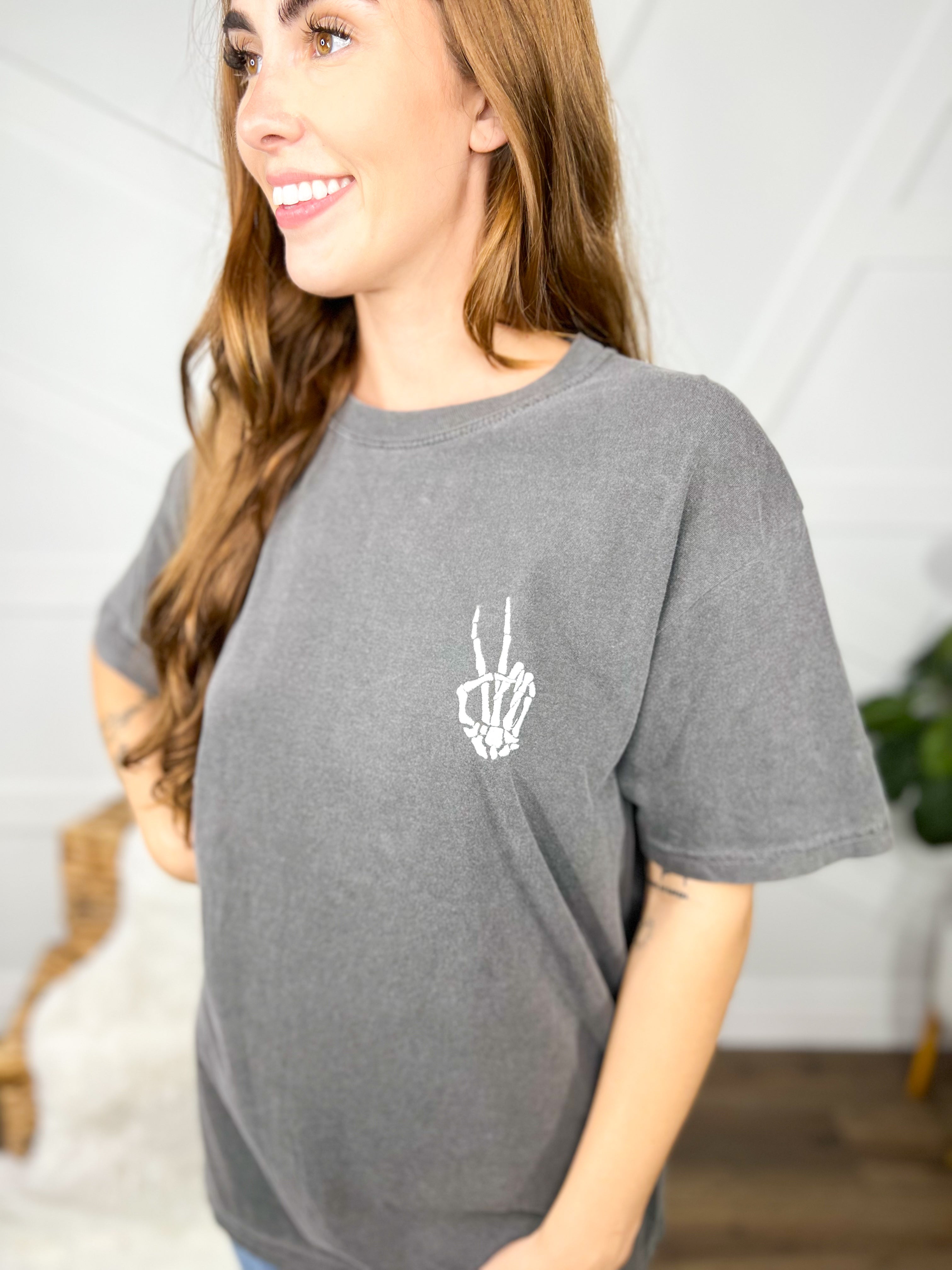 Skeleton Peace Graphic Tee-130 Graphic Tees-dash forward-Heathered Boho Boutique, Women's Fashion and Accessories in Palmetto, FL