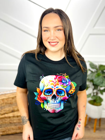 Colorful Sugar Skull Graphic Tee-110 Short Sleeve Top-Heathered Boho-Heathered Boho Boutique, Women's Fashion and Accessories in Palmetto, FL