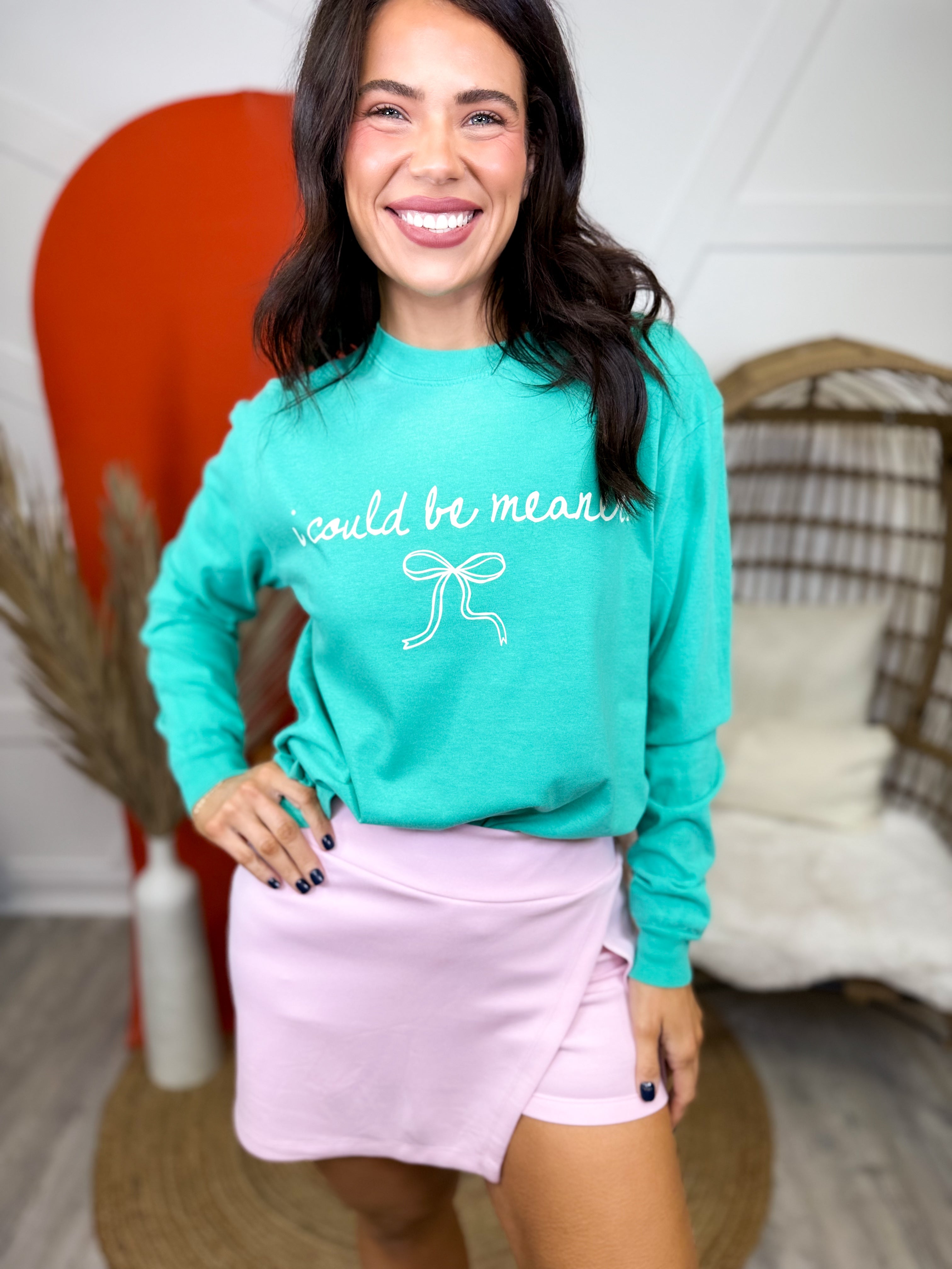 I Could Be Meaner Graphic Long Sleeve-125 Sweater-Heathered Boho-Heathered Boho Boutique, Women's Fashion and Accessories in Palmetto, FL