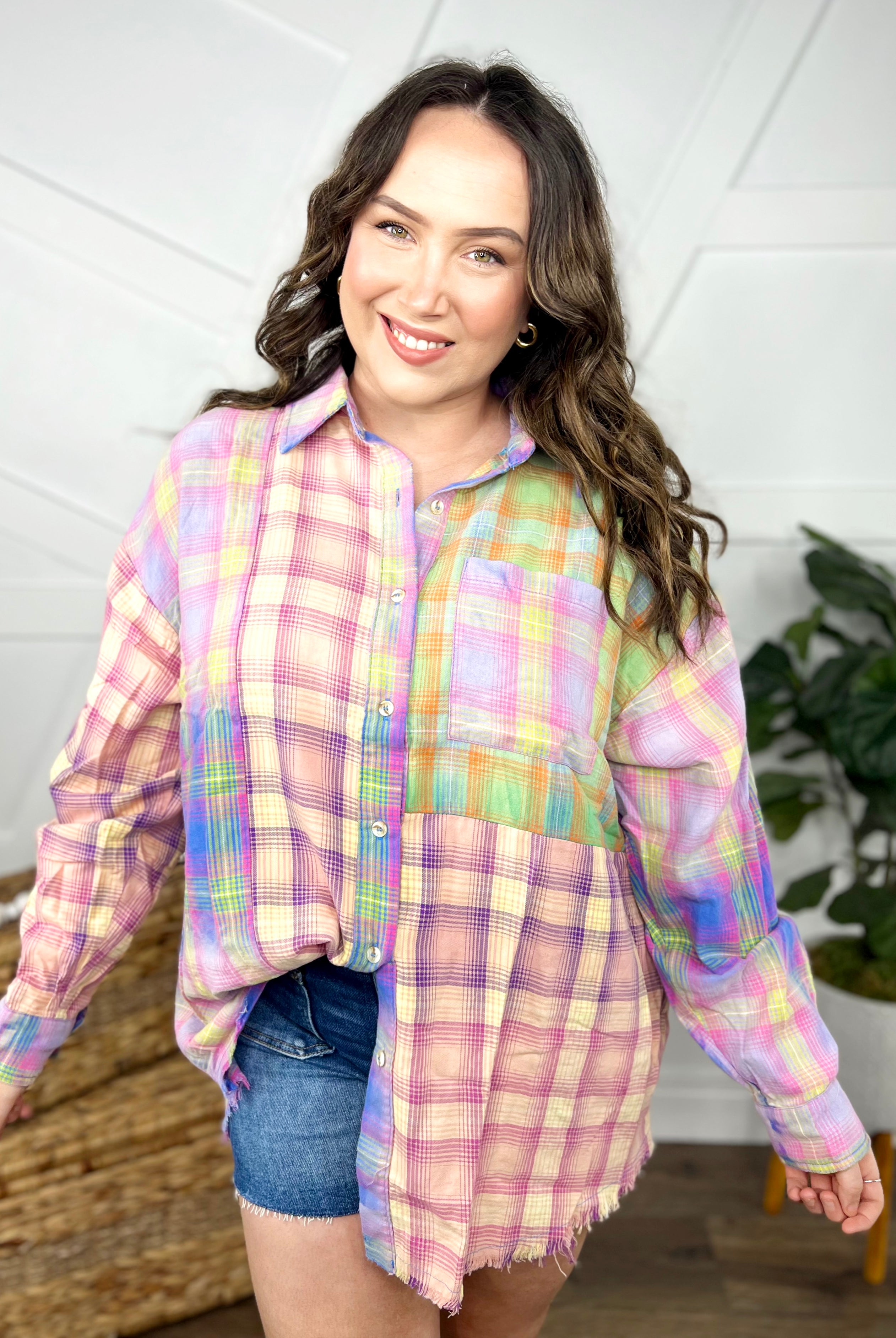 Brilliant Glow Button Down Top-120 Long Sleeve Tops-Bibi-Heathered Boho Boutique, Women's Fashion and Accessories in Palmetto, FL