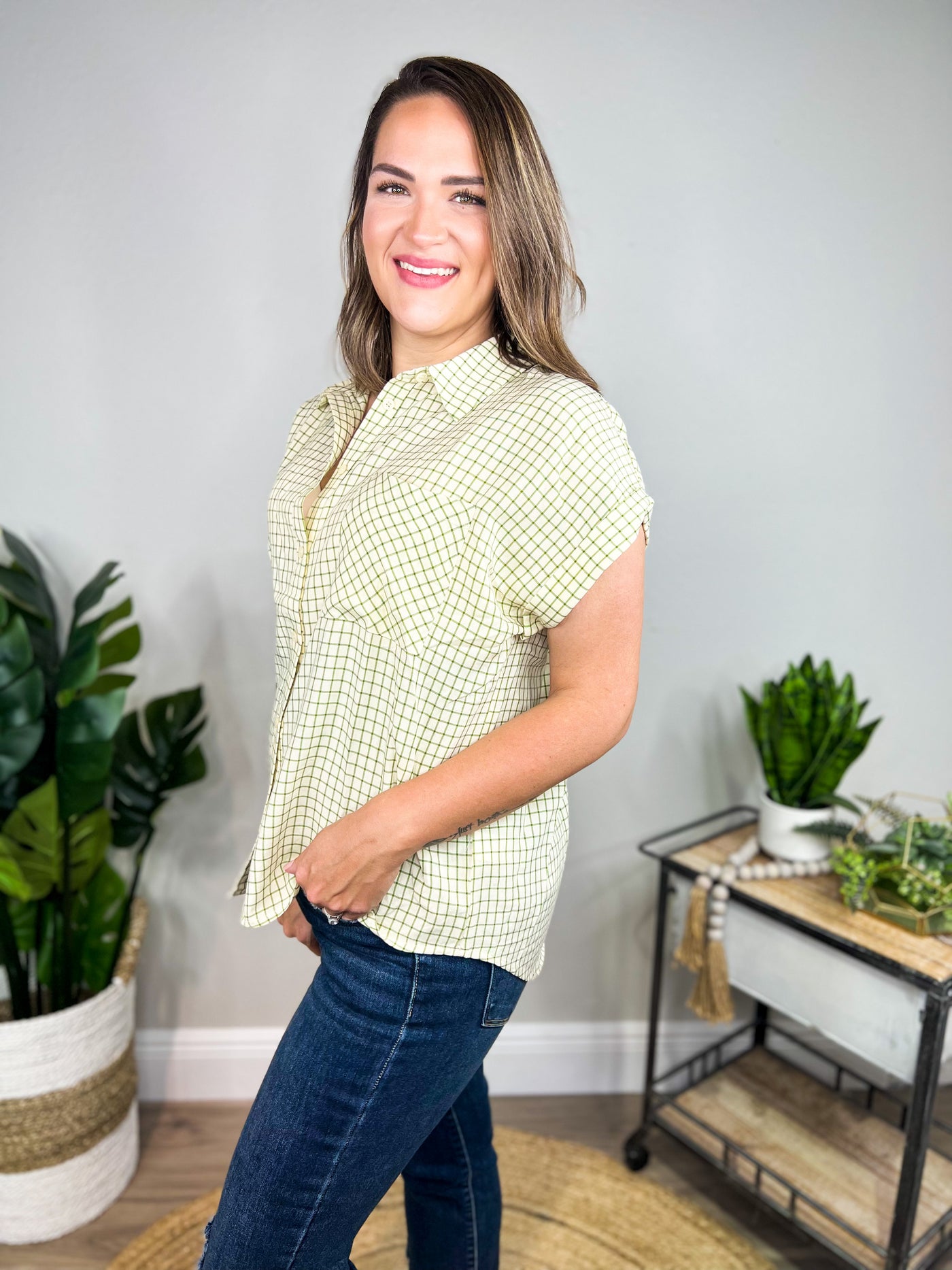 Micro Gingham Button Down Top