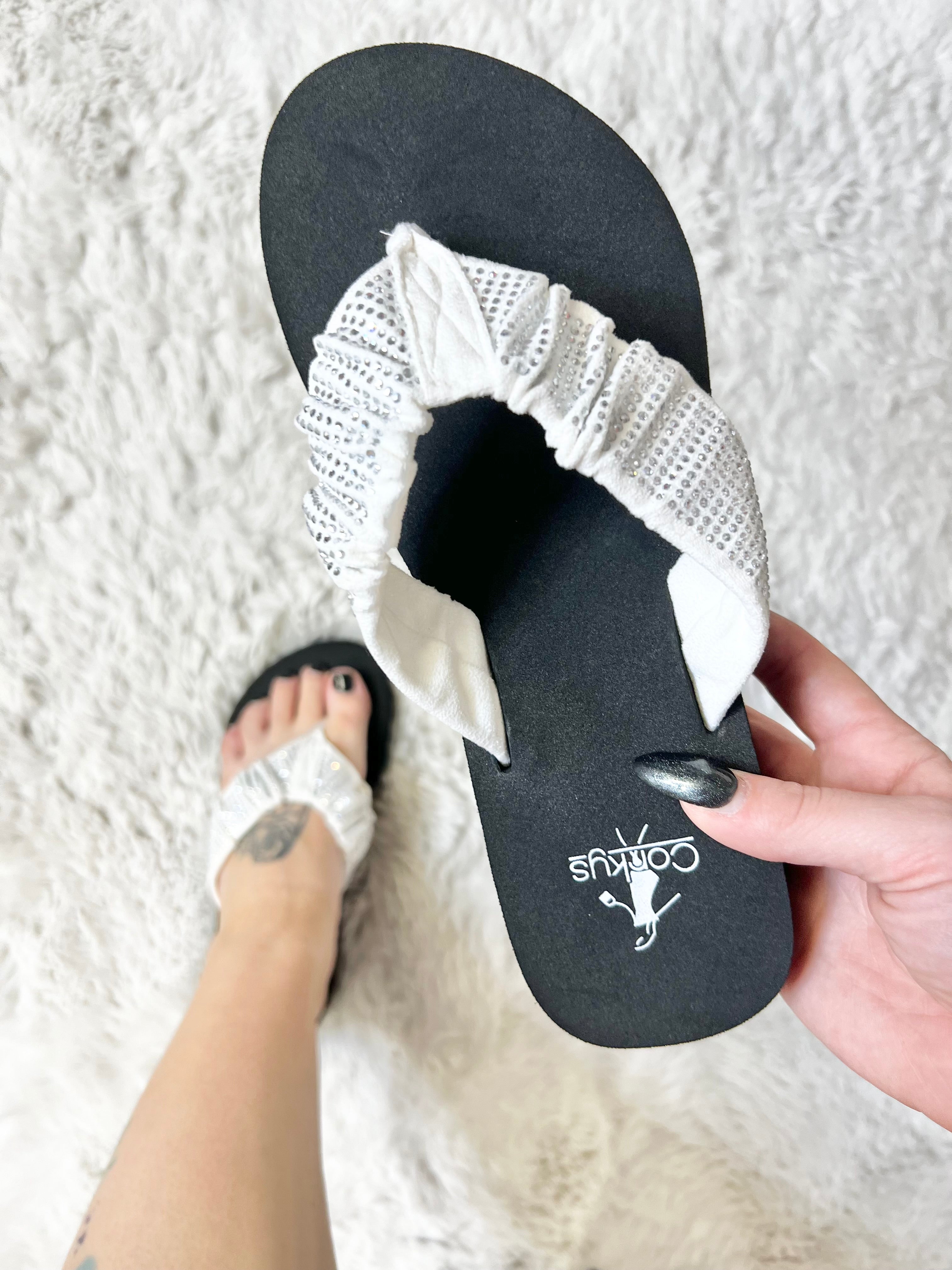 RESTOCK: White Bauble Flip Flops-350 Shoes-Corkys-Heathered Boho Boutique, Women's Fashion and Accessories in Palmetto, FL