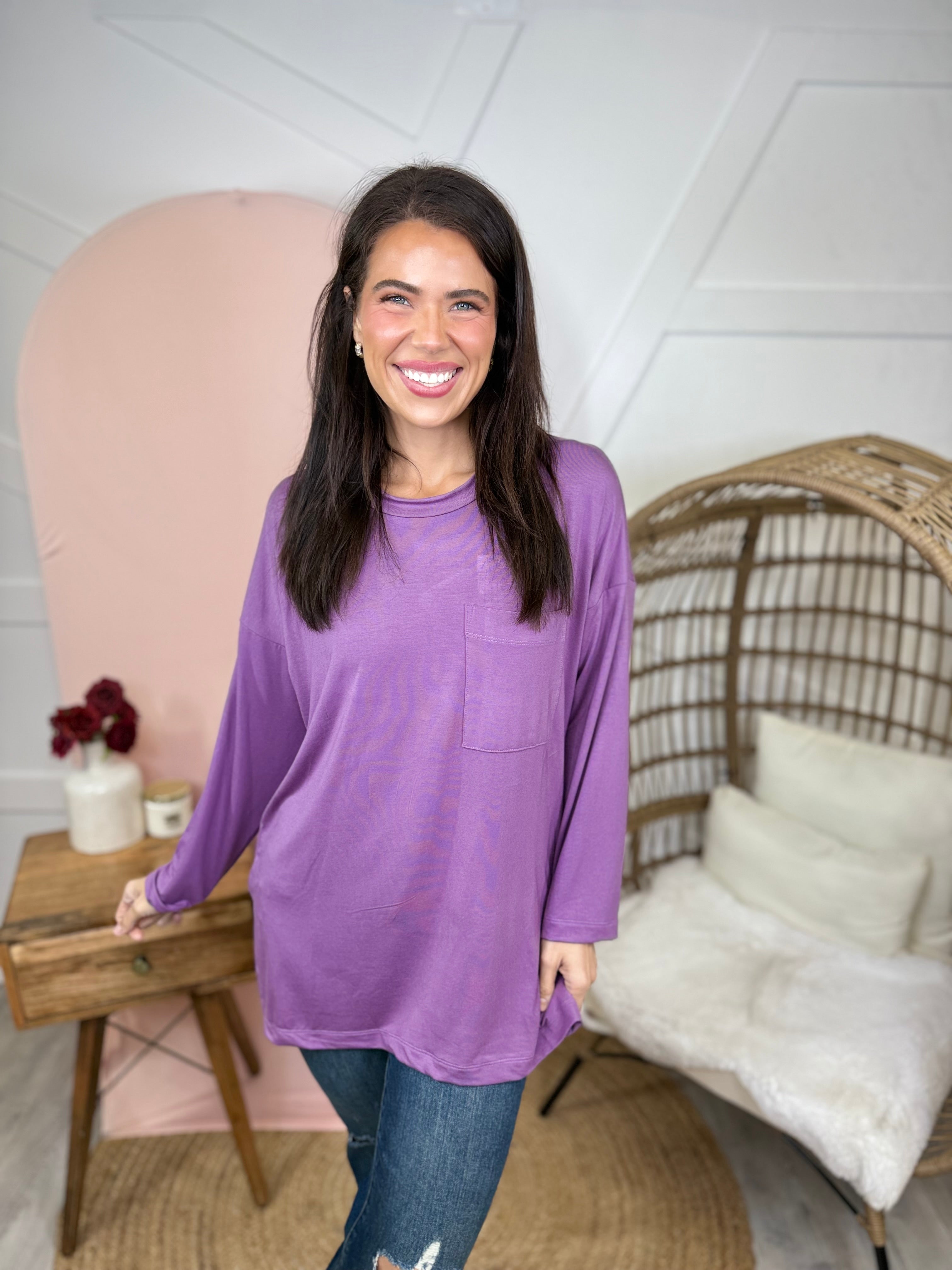 Atlas Pocket Long Sleeve Top-Plum-120 Long Sleeve Tops-Heathered Boho-Heathered Boho Boutique, Women's Fashion and Accessories in Palmetto, FL