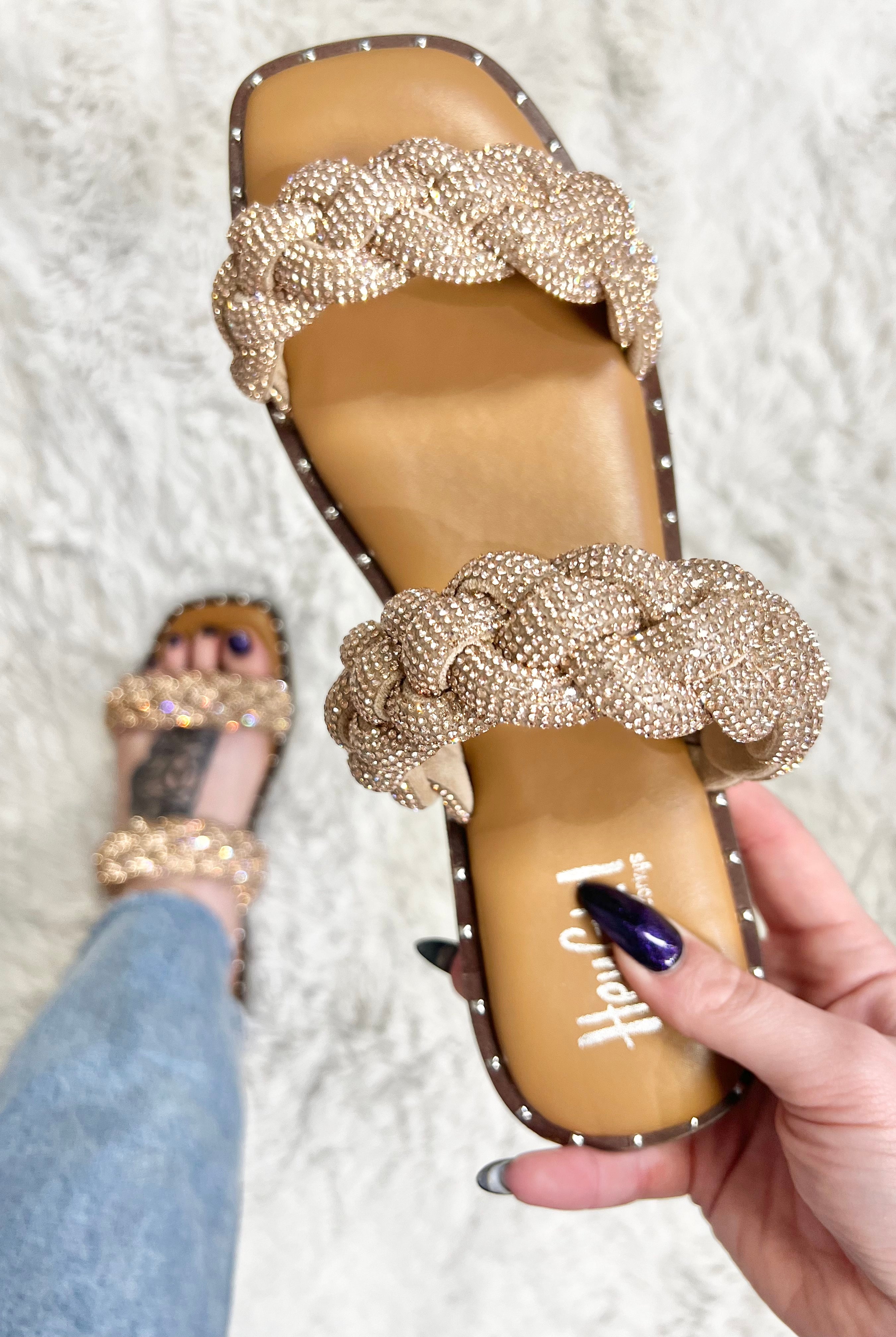 RESTOCK: Champagne Rhinestones Don't Get It Twisted Sandals-350 Shoes-Corkys-Heathered Boho Boutique, Women's Fashion and Accessories in Palmetto, FL