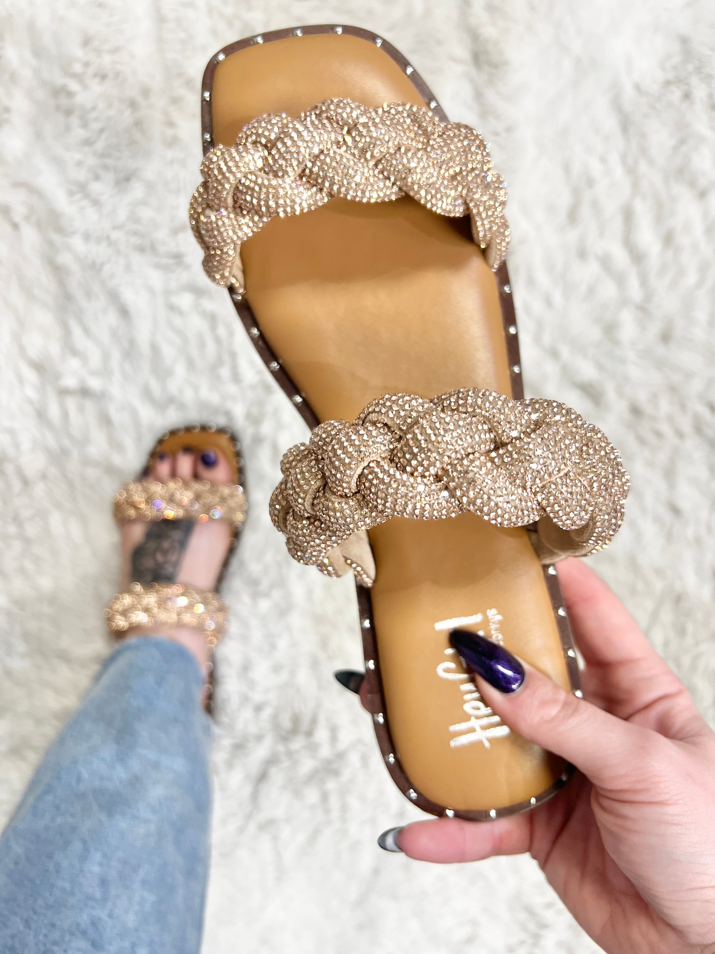 RESTOCK: Champagne Rhinestones Twisted Sandals-350 Shoes-Corkys-Heathered Boho Boutique, Women's Fashion and Accessories in Palmetto, FL