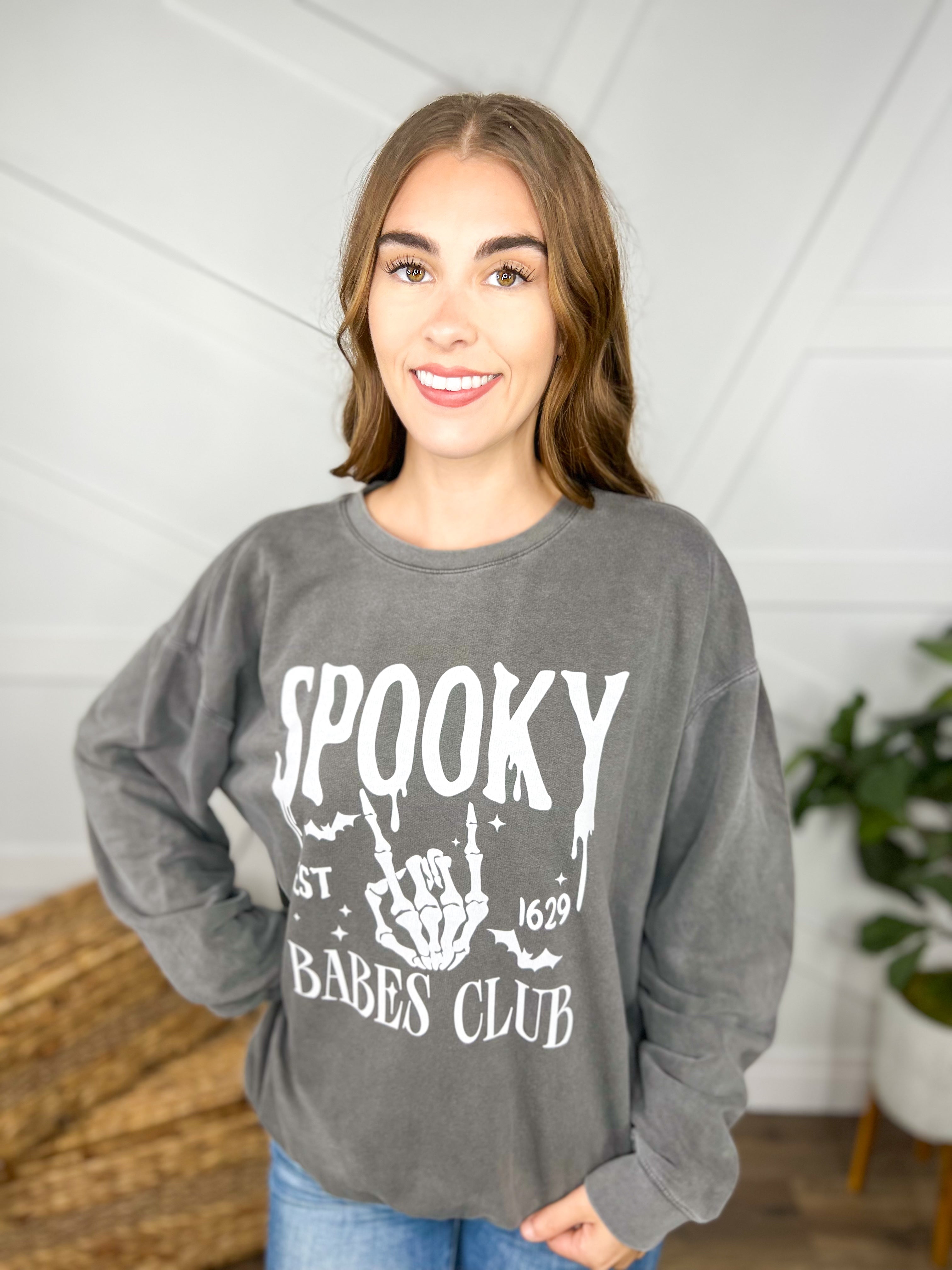 Spooky Babes Club Graphic Sweatshirt - Pepper-125 Sweater-Heathered Boho-Heathered Boho Boutique, Women's Fashion and Accessories in Palmetto, FL