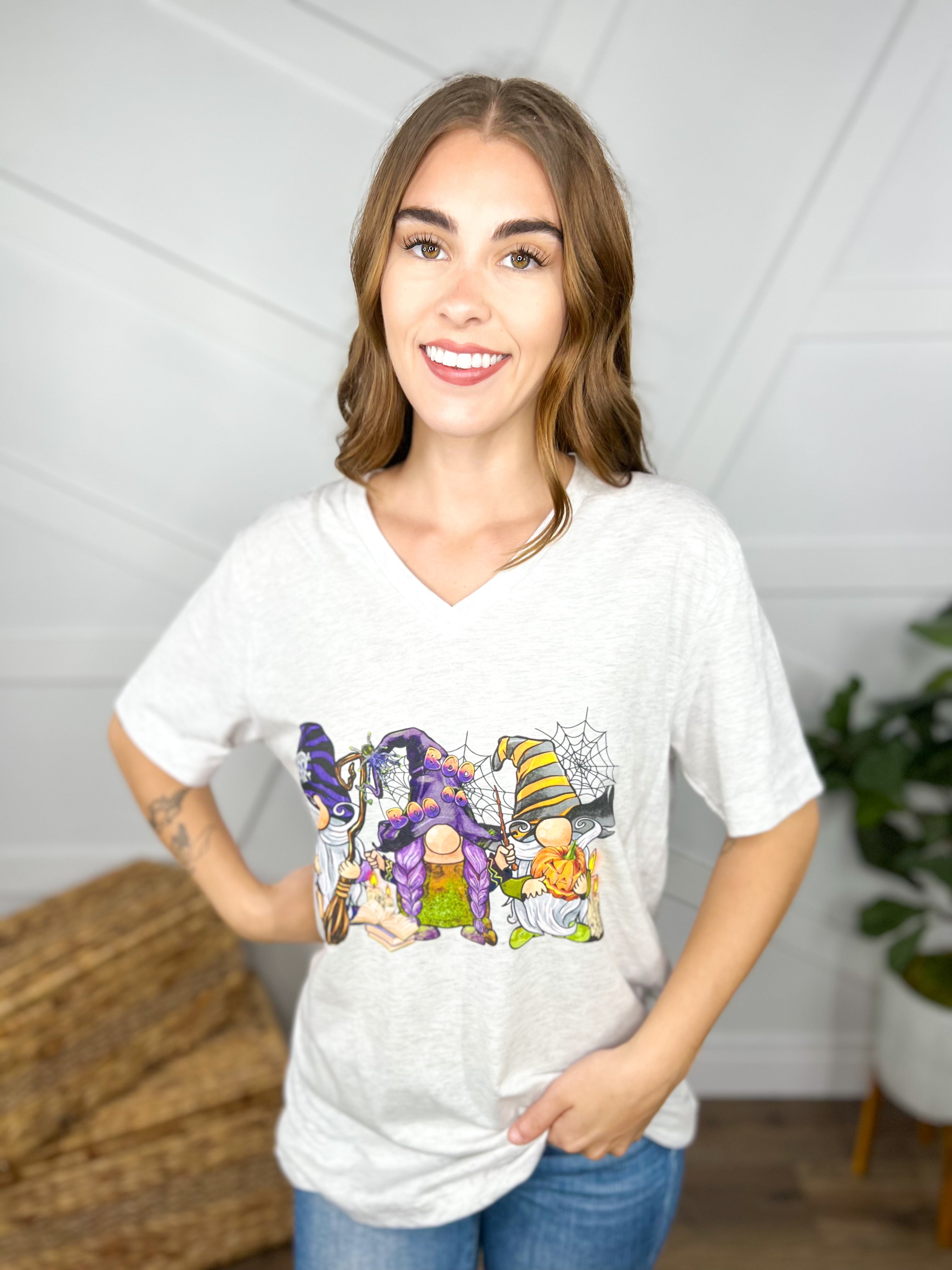 Halloween Gnomes Graphic Tee-130 Graphic Tees-Heathered Boho-Heathered Boho Boutique, Women's Fashion and Accessories in Palmetto, FL