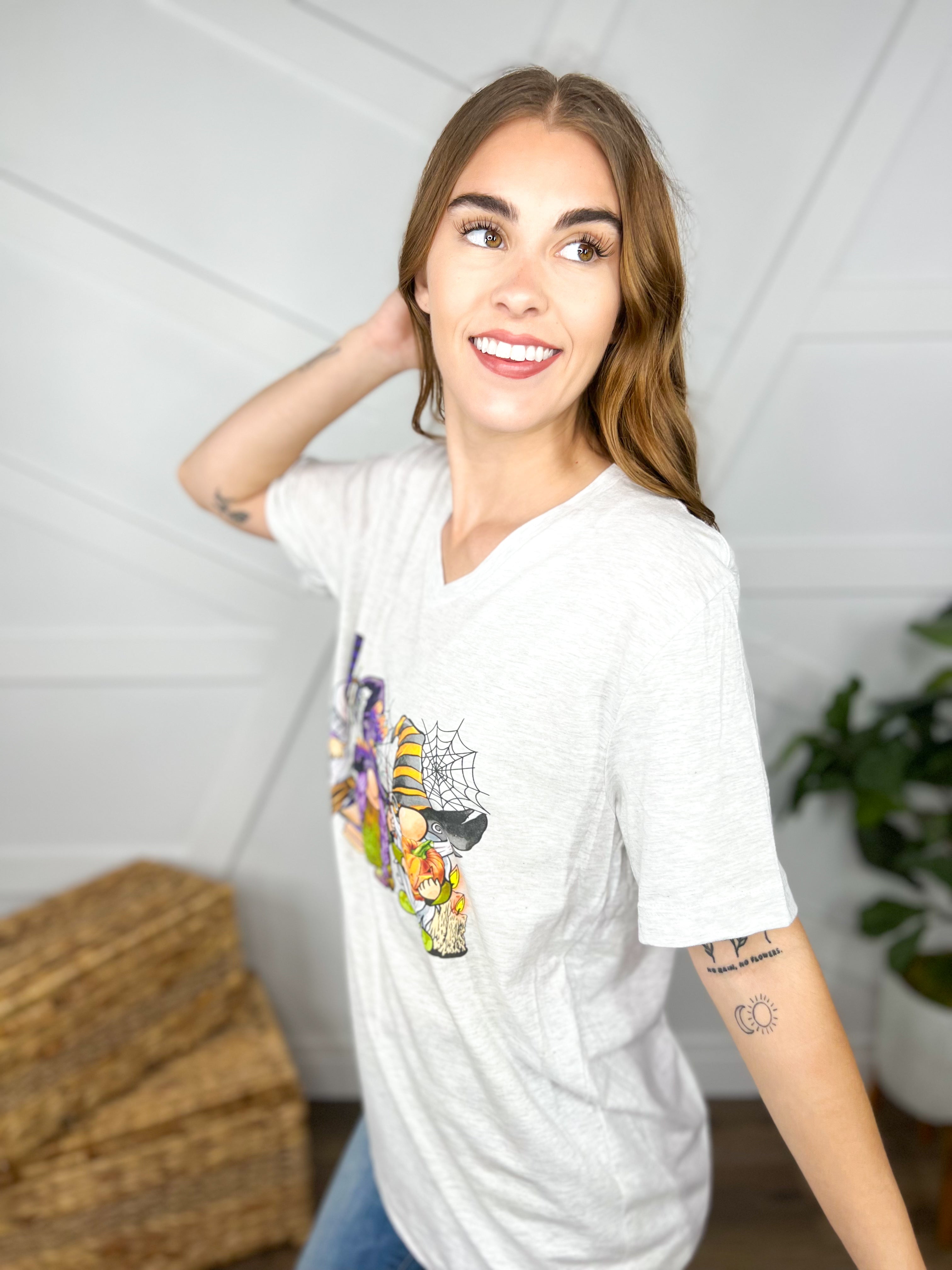 Halloween Gnomes Graphic Tee-130 Graphic Tees-Heathered Boho-Heathered Boho Boutique, Women's Fashion and Accessories in Palmetto, FL