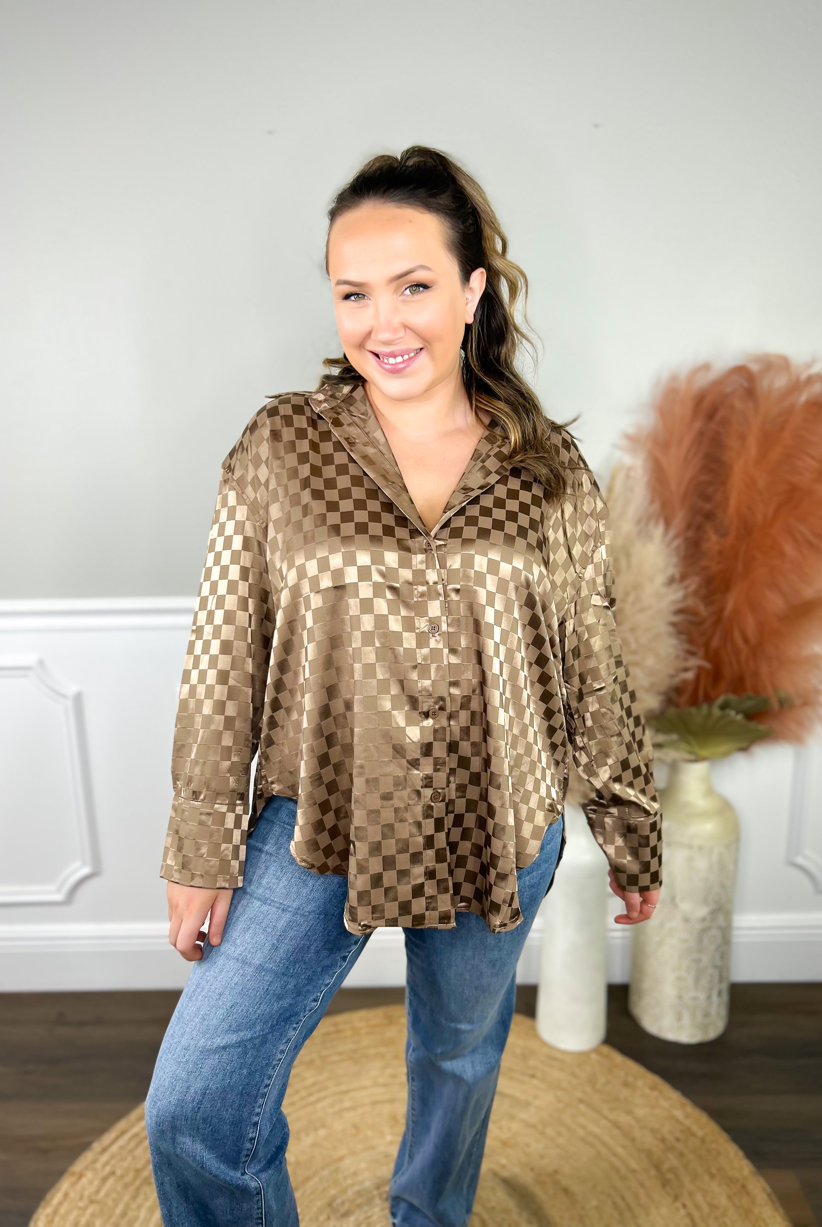 Checkmate Button Down-120 Long Sleeve Tops-And The Why-Heathered Boho Boutique, Women's Fashion and Accessories in Palmetto, FL