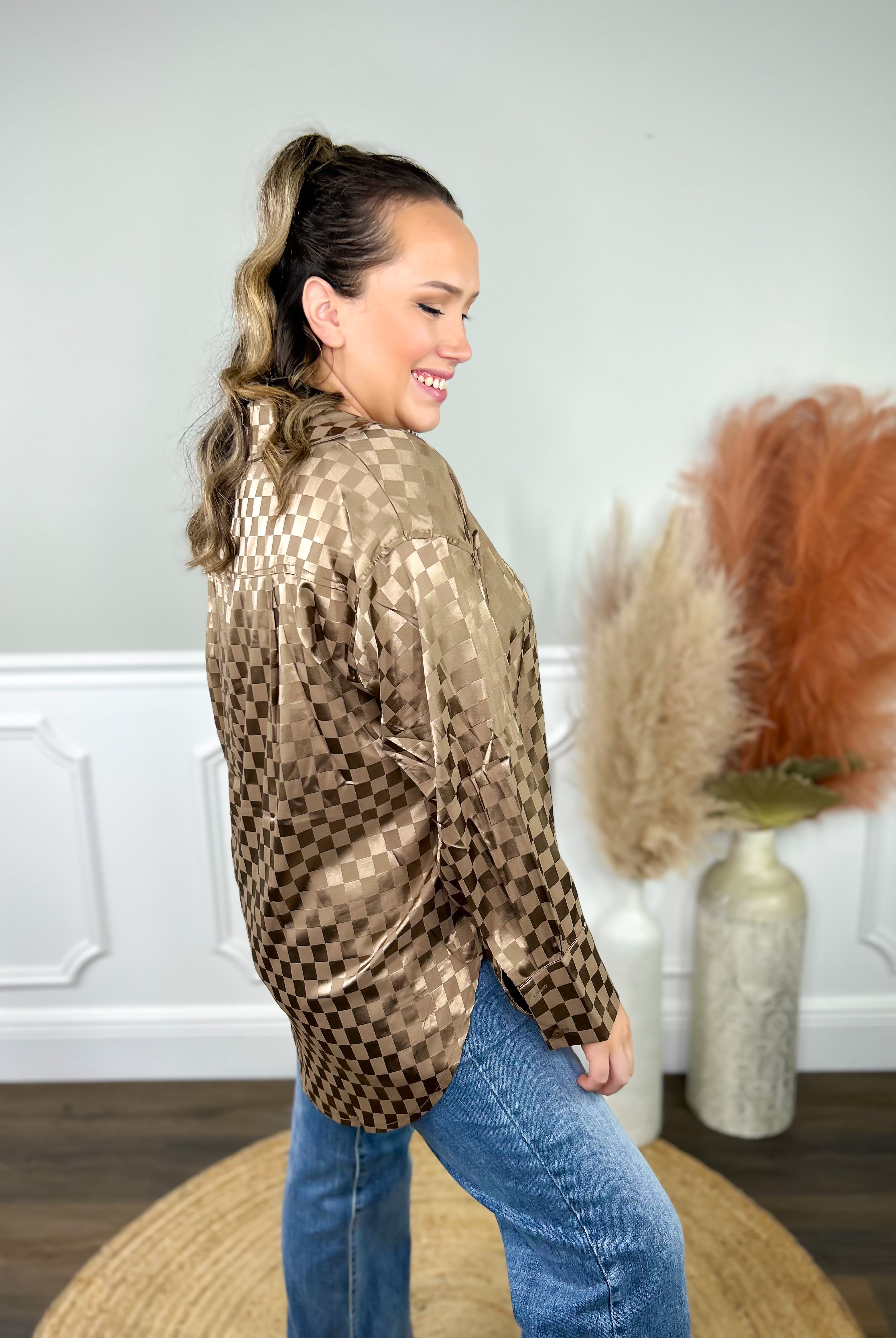 Checkmate Button Down-120 Long Sleeve Tops-And The Why-Heathered Boho Boutique, Women's Fashion and Accessories in Palmetto, FL