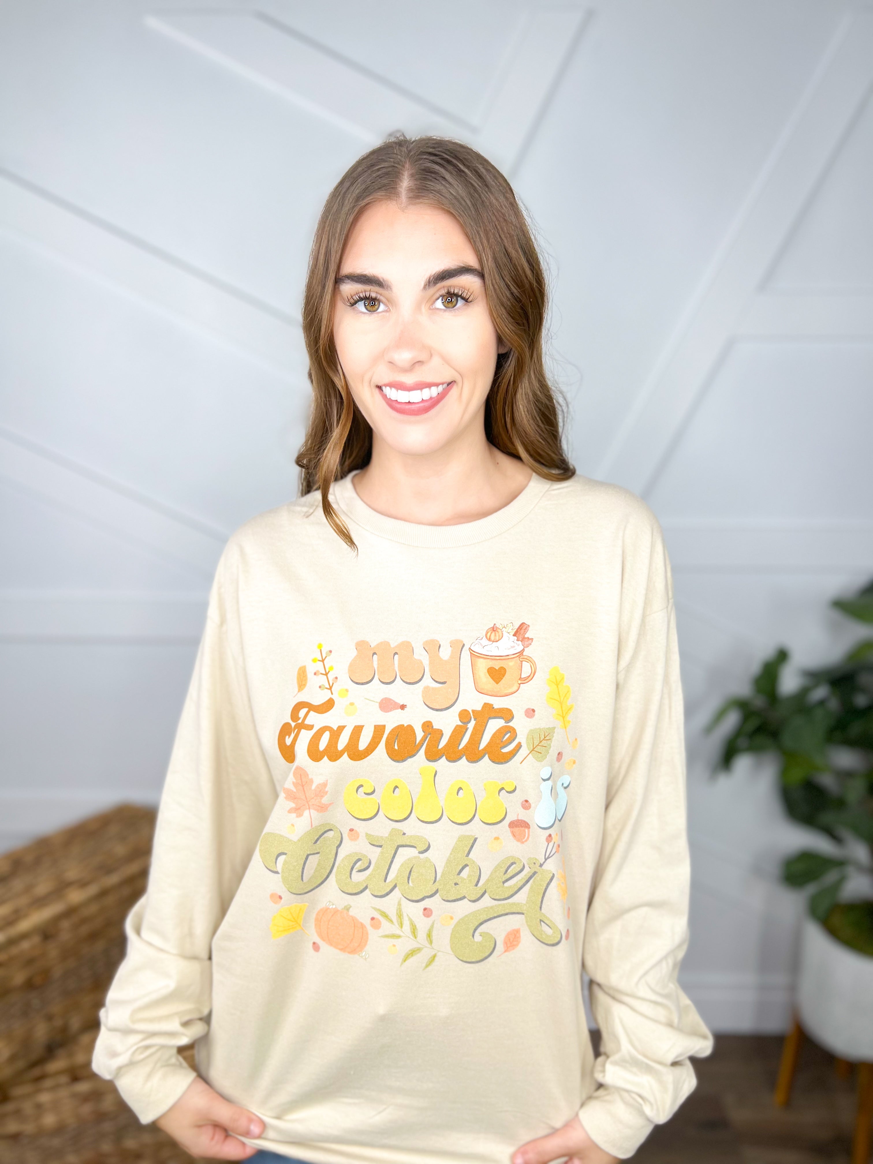 My Favorite Color is October Graphic Long Sleeve-120 Long Sleeve Tops-Heathered Boho-Heathered Boho Boutique, Women's Fashion and Accessories in Palmetto, FL