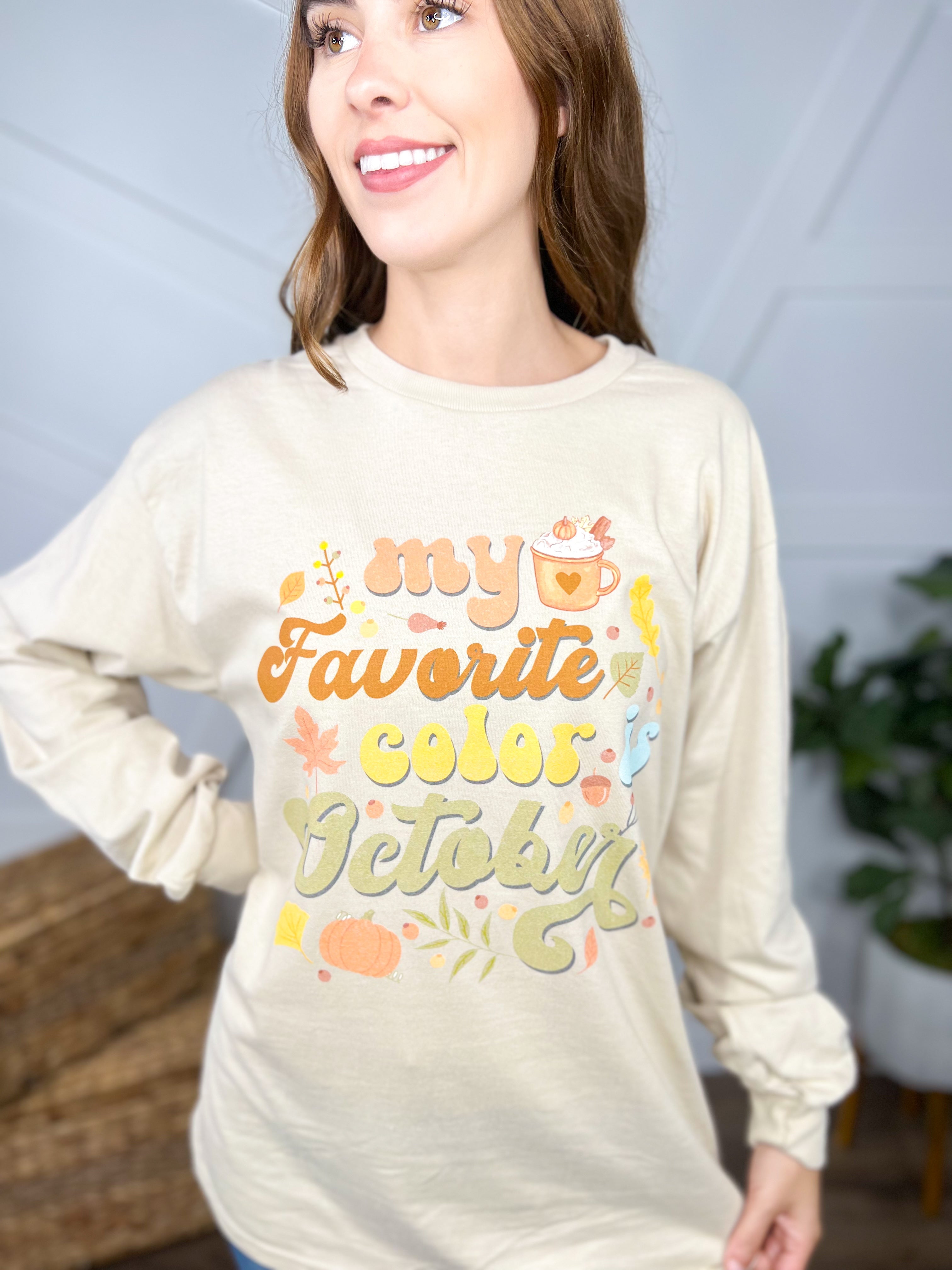 My Favorite Color is October Graphic Long Sleeve-120 Long Sleeve Tops-Heathered Boho-Heathered Boho Boutique, Women's Fashion and Accessories in Palmetto, FL