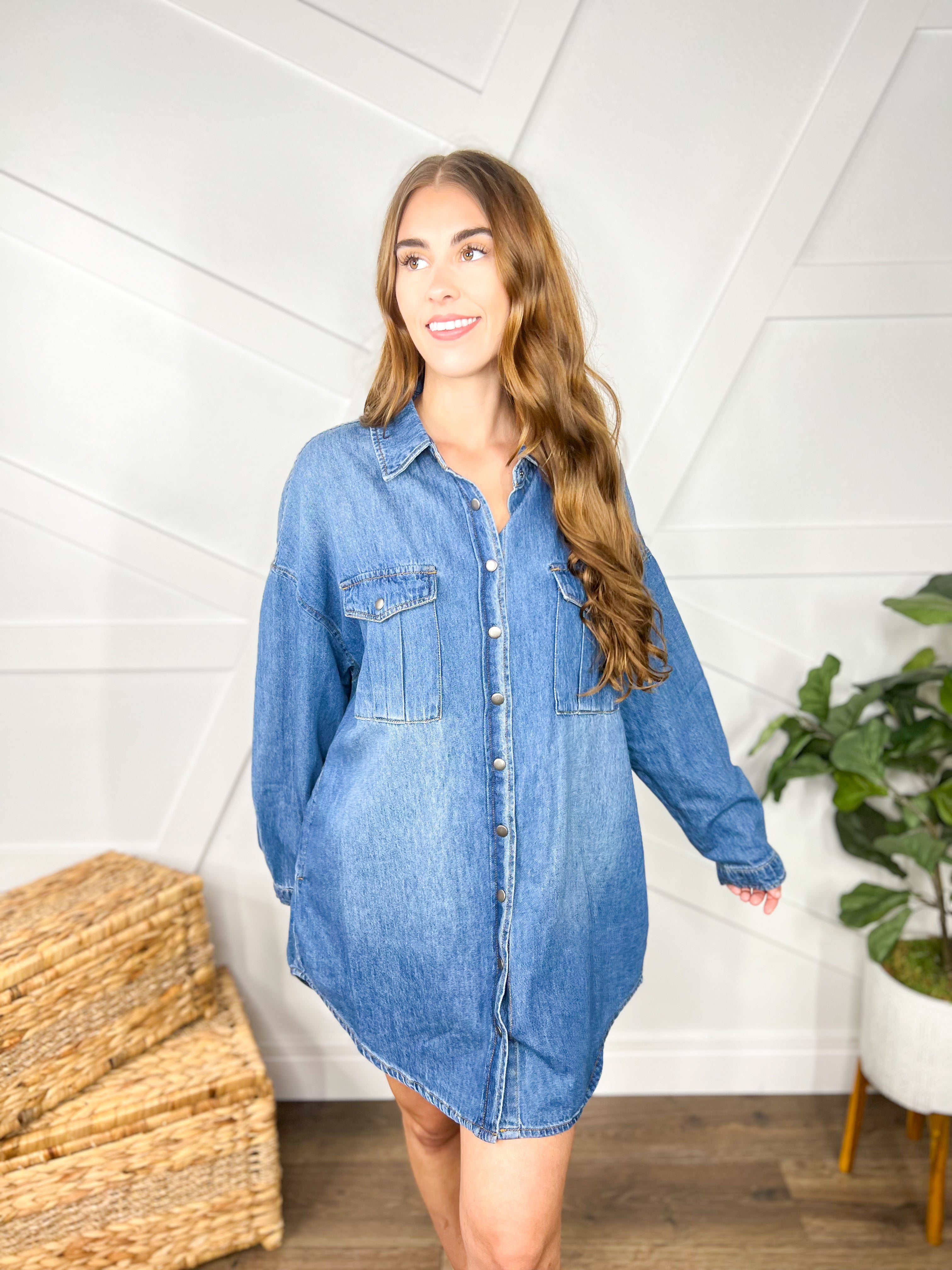 Parent Trap Denim Shirt Dress-120 Long Sleeve Tops-Risen Jeans-Heathered Boho Boutique, Women's Fashion and Accessories in Palmetto, FL